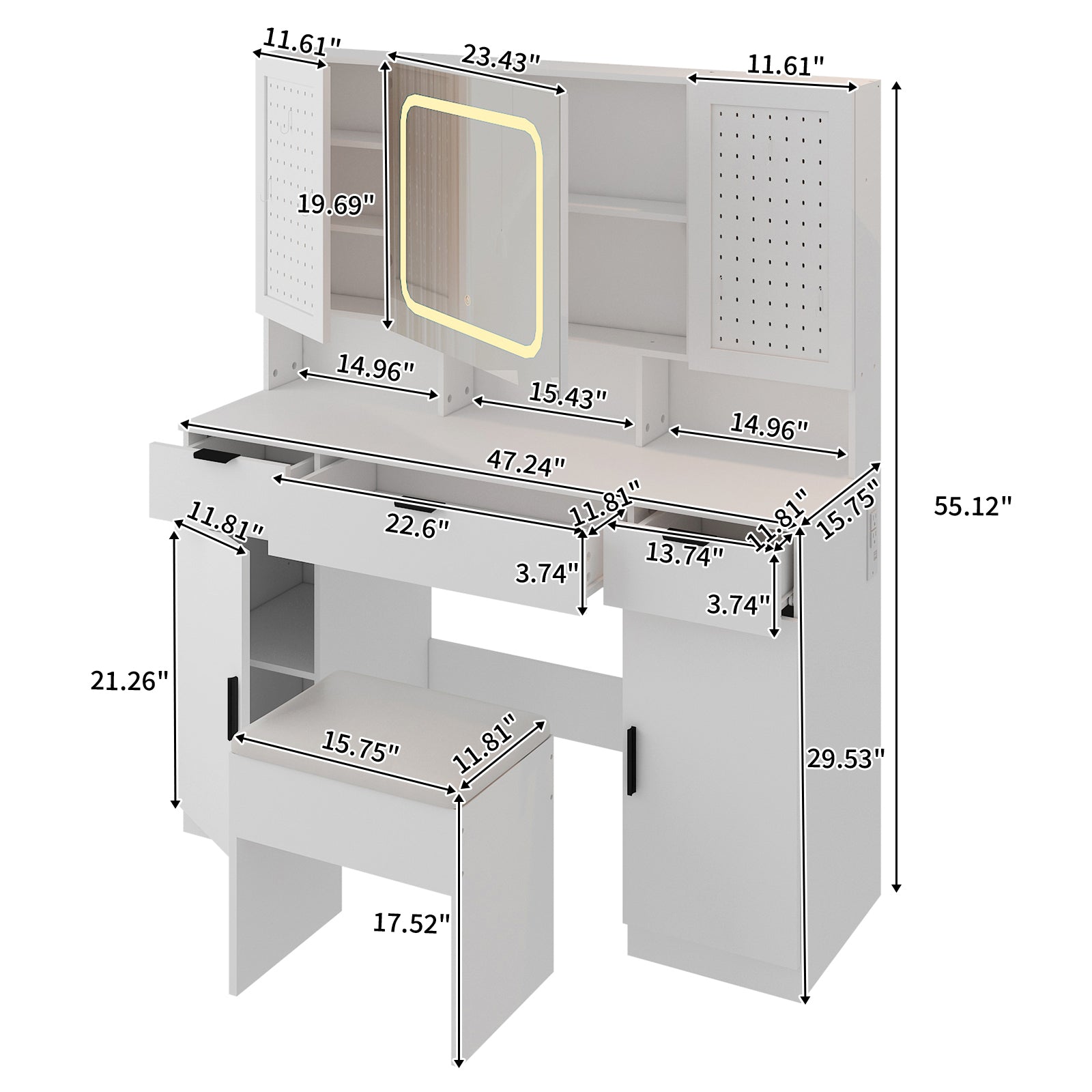 HAOYYE Large Vanity Table Set with LED Mirror, 2 Pegboards & Hooks, Makeup Desk with Charging Station, Storage Shelves, Drawers, Cushioned Stool for Bedroom, Modern Beauty Station with Adjustable Lighting