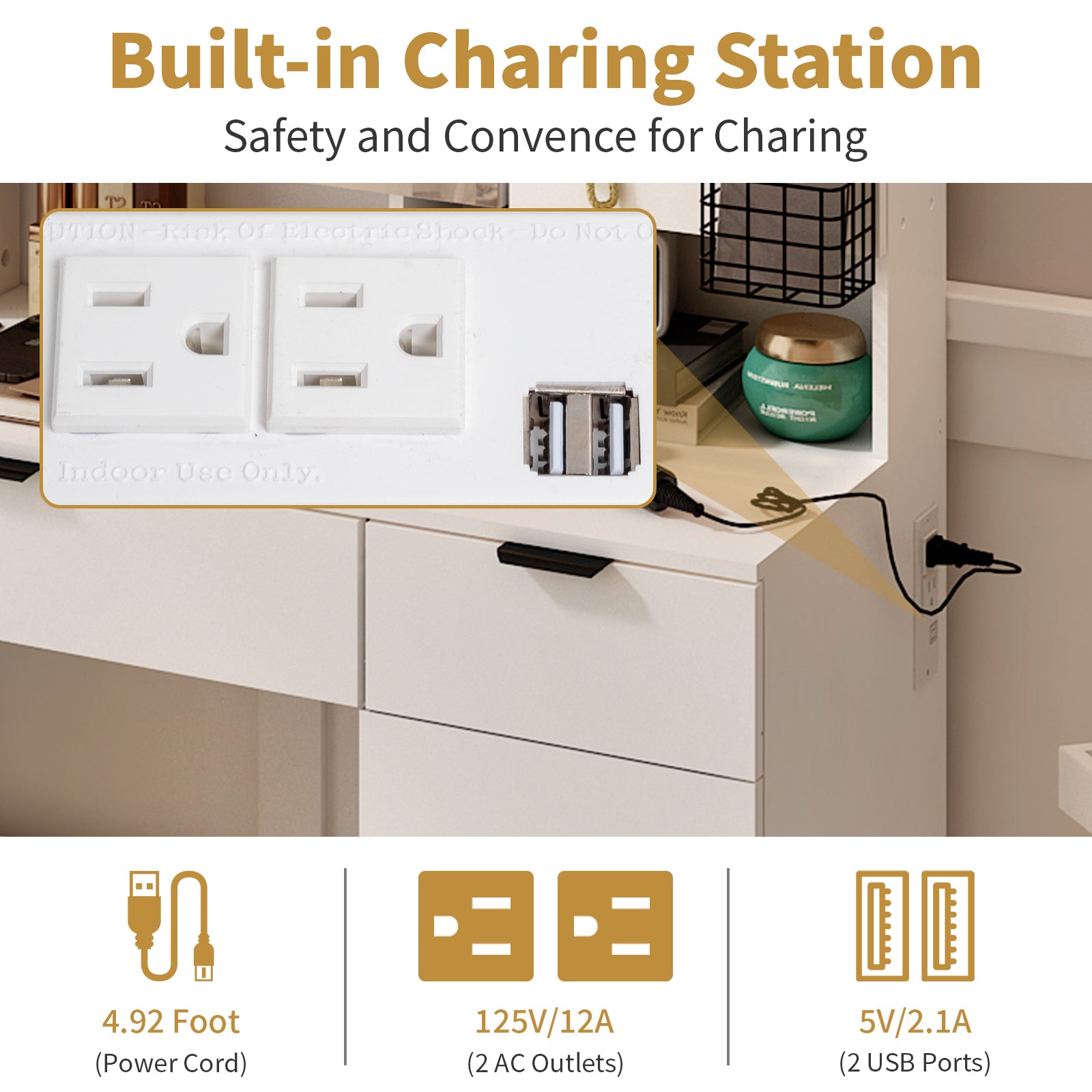 HAOYYE Large Vanity Table Set with LED Mirror, 2 Pegboards & Hooks, Makeup Desk with Charging Station, Storage Shelves, Drawers, Cushioned Stool for Bedroom, Modern Beauty Station with Adjustable Lighting