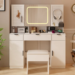 HAOYYE Large Vanity Table Set with LED Mirror, 2 Pegboards & Hooks, Makeup Desk with Charging Station, Storage Shelves, Drawers, Cushioned Stool for Bedroom, Modern Beauty Station with Adjustable Lighting