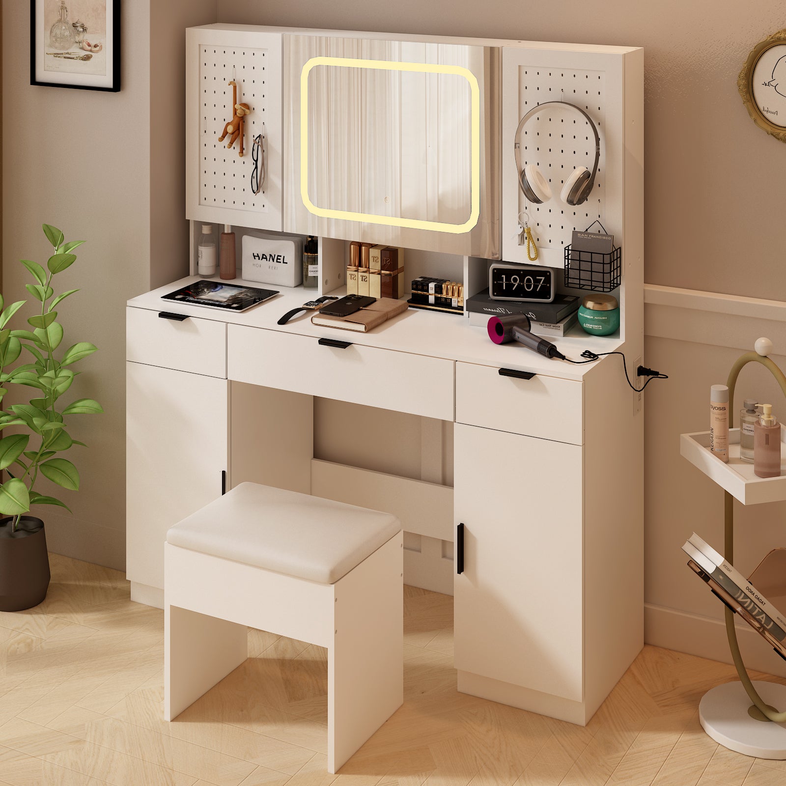 HAOYYE Large Vanity Table Set with LED Mirror, 2 Pegboards & Hooks, Makeup Desk with Charging Station, Storage Shelves, Drawers, Cushioned Stool for Bedroom, Modern Beauty Station with Adjustable Lighting