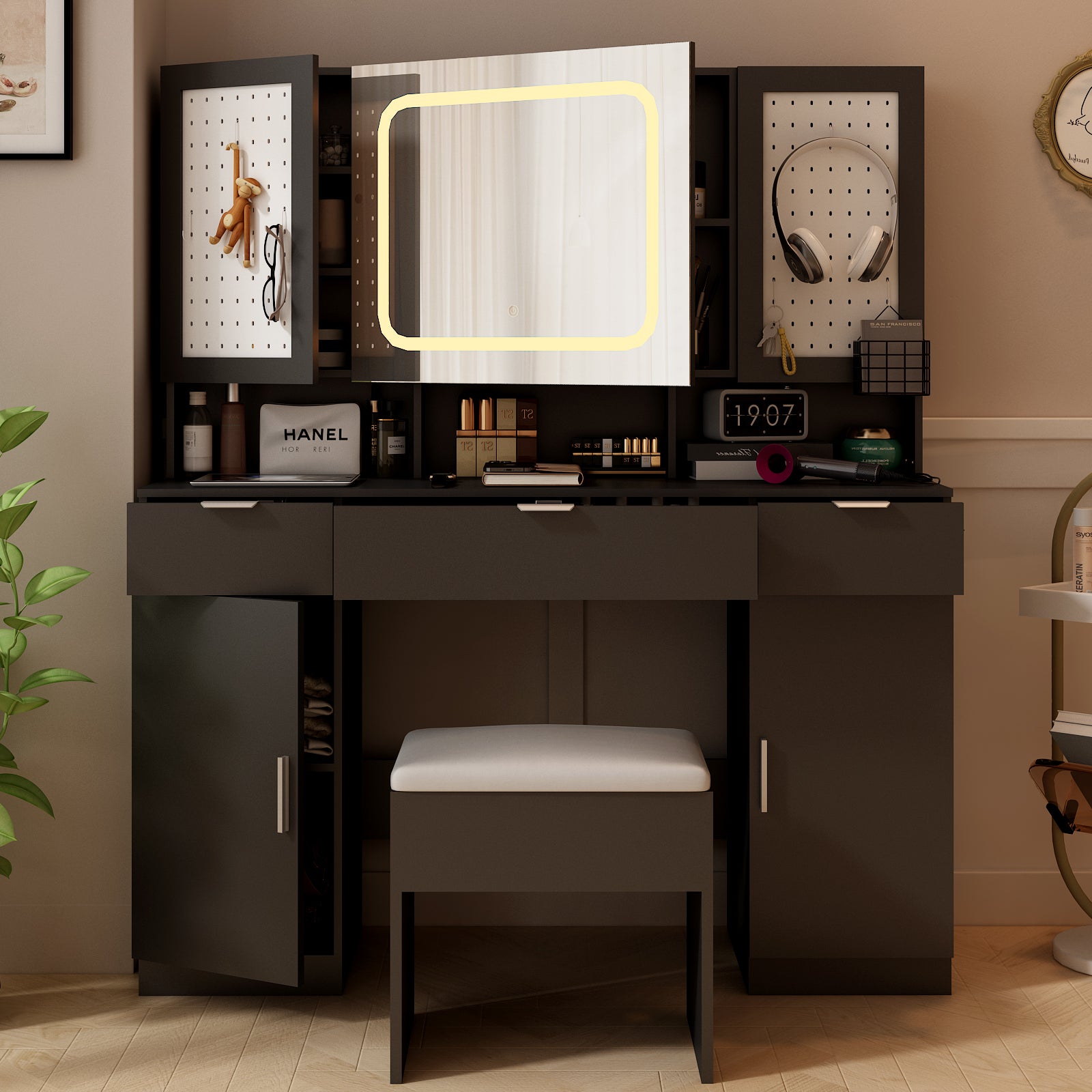 HAOYYE Large Vanity Table Set with LED Lighted Mirror, 2 DIY Pegboards, 5 Hooks, Charging Station, Makeup Desk with Drawers, Storage Shelves & Cabinets, Cushioned Stool for Bedroom, Dressing Table with Modern Design and Convenient Organization