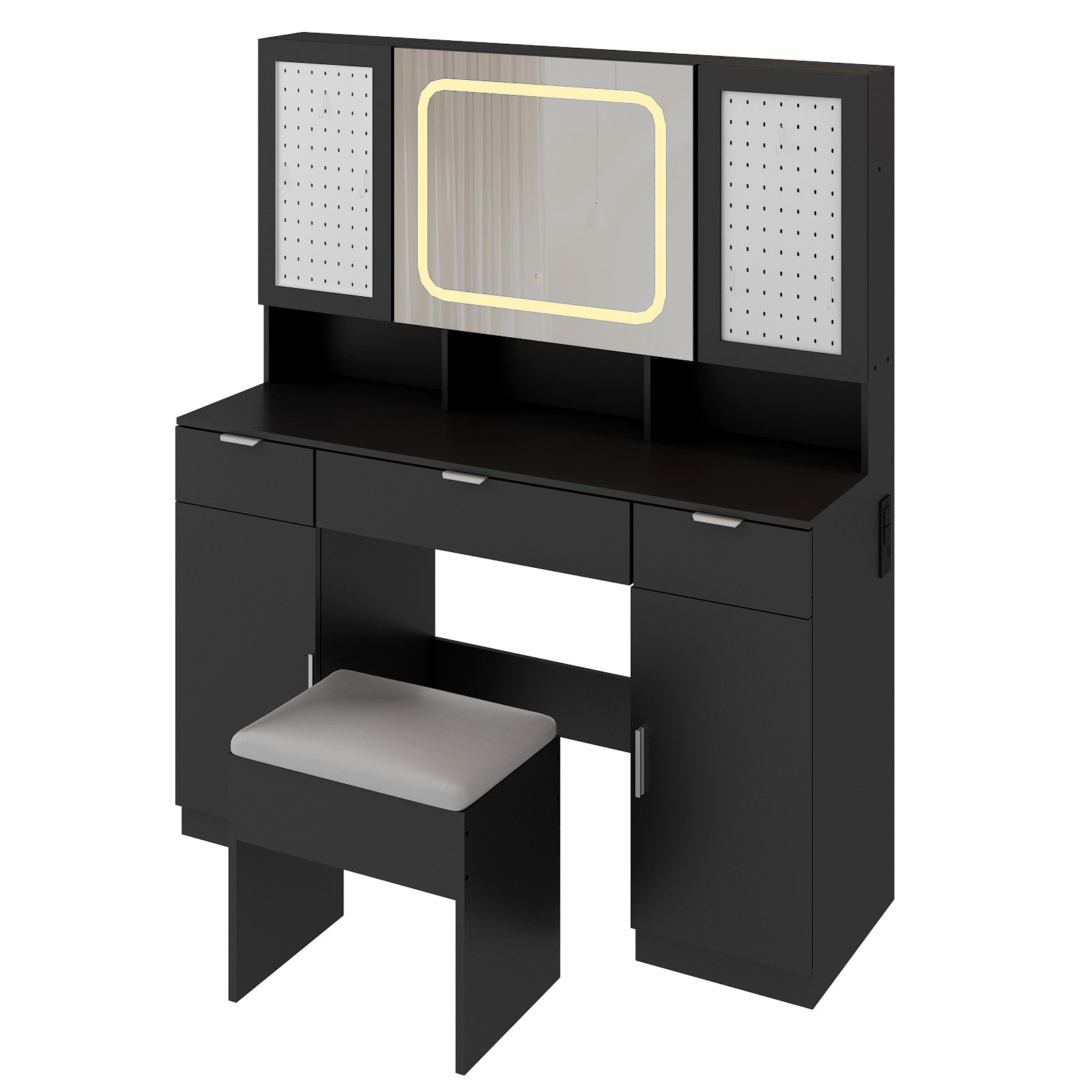 HAOYYE Large Vanity Table Set with LED Lighted Mirror, 2 DIY Pegboards, 5 Hooks, Charging Station, Makeup Desk with Drawers, Storage Shelves & Cabinets, Cushioned Stool for Bedroom, Dressing Table with Modern Design and Convenient Organization