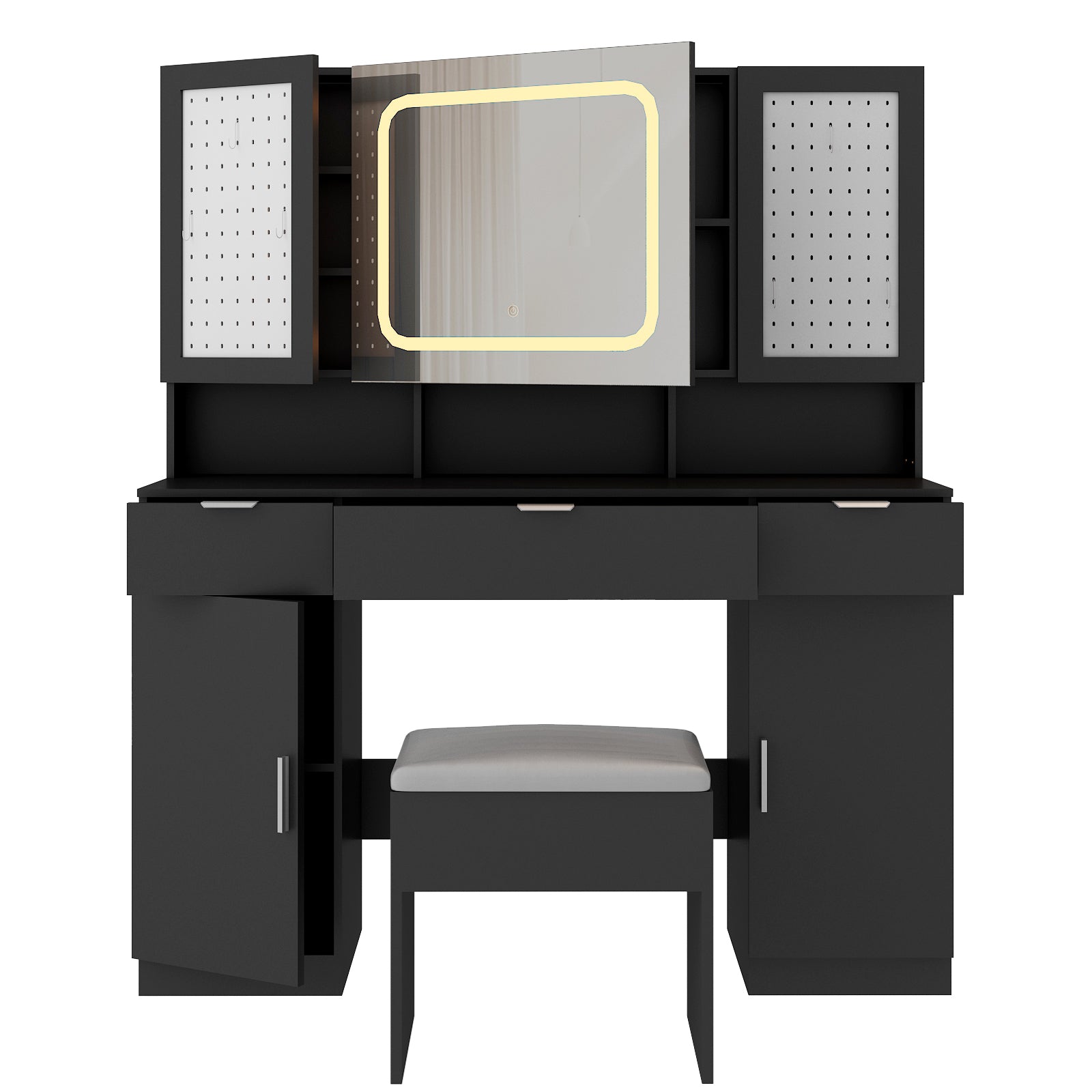 HAOYYE Large Vanity Table Set with LED Lighted Mirror, 2 DIY Pegboards, 5 Hooks, Charging Station, Makeup Desk with Drawers, Storage Shelves & Cabinets, Cushioned Stool for Bedroom, Dressing Table with Modern Design and Convenient Organization