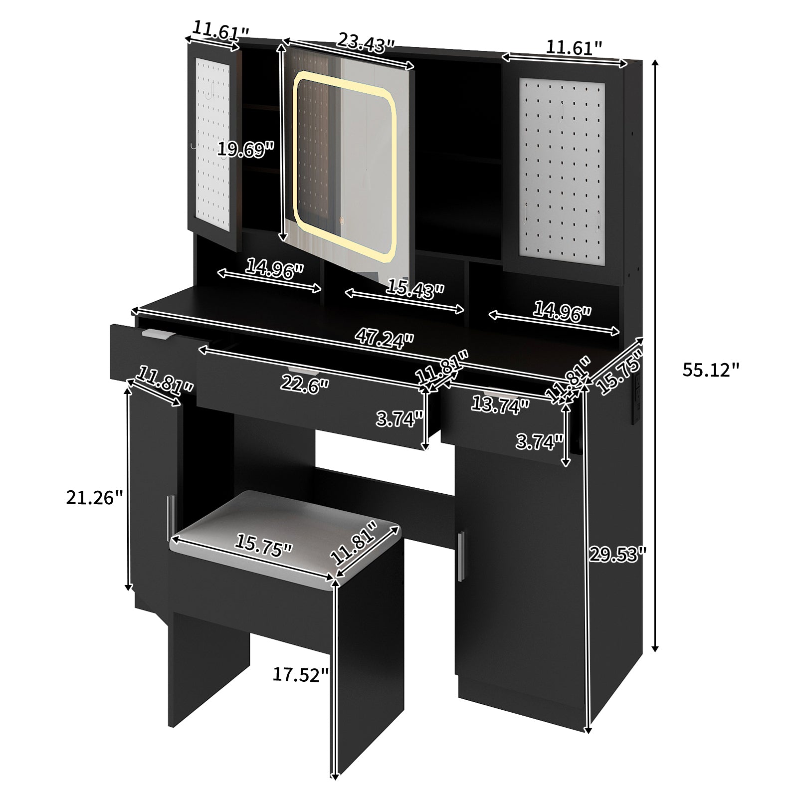HAOYYE Large Vanity Table Set with LED Lighted Mirror, 2 DIY Pegboards, 5 Hooks, Charging Station, Makeup Desk with Drawers, Storage Shelves & Cabinets, Cushioned Stool for Bedroom, Dressing Table with Modern Design and Convenient Organization