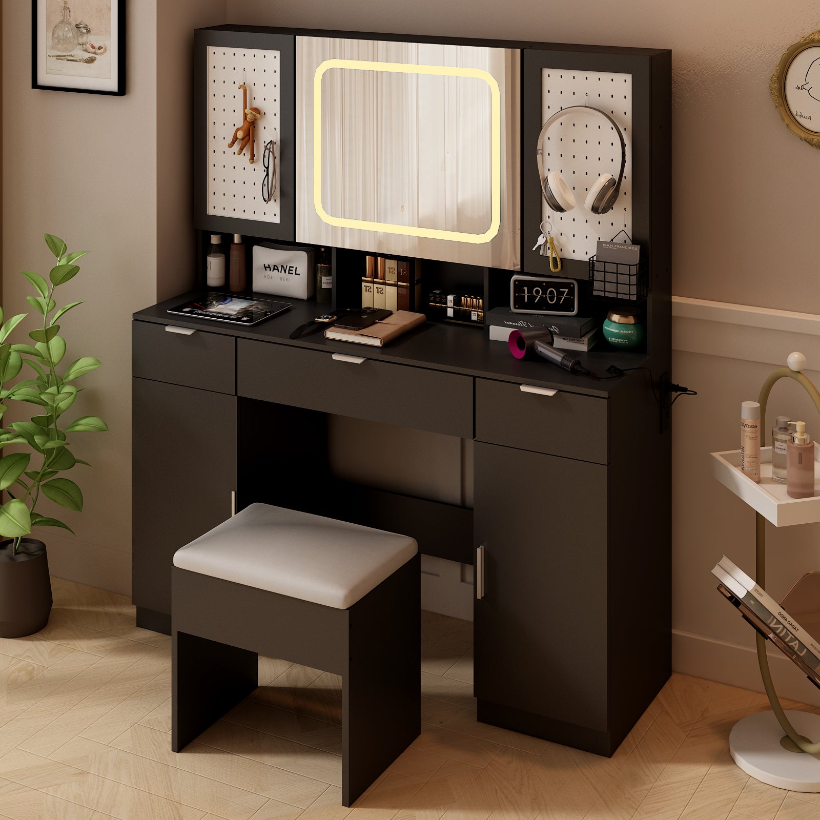 HAOYYE Large Vanity Table Set with LED Lighted Mirror, 2 DIY Pegboards, 5 Hooks, Charging Station, Makeup Desk with Drawers, Storage Shelves & Cabinets, Cushioned Stool for Bedroom, Dressing Table with Modern Design and Convenient Organization