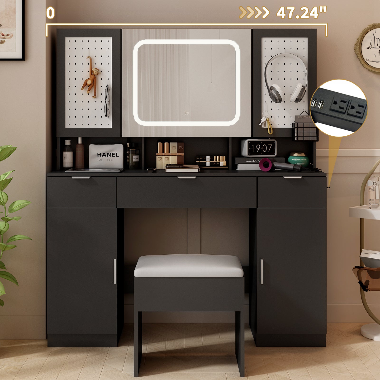 HAOYYE Large Vanity Table Set with LED Lighted Mirror, 2 DIY Pegboards, 5 Hooks, Charging Station, Makeup Desk with Drawers, Storage Shelves & Cabinets, Cushioned Stool for Bedroom, Dressing Table with Modern Design and Convenient Organization