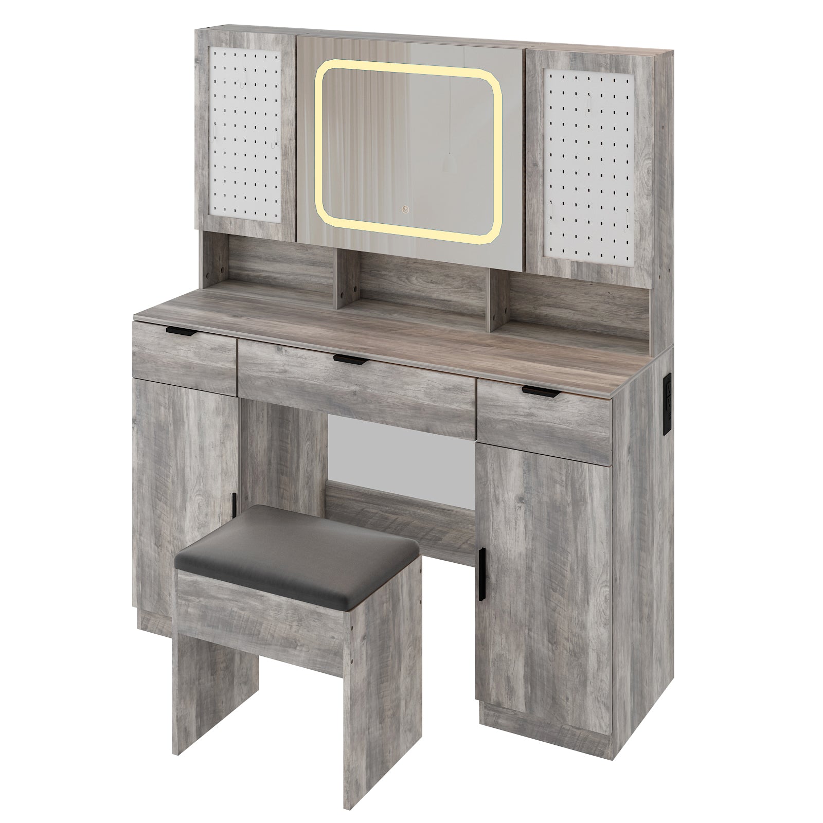 HAOYYE Large Vanity Table Set with LED Lighted Mirror, 2 DIY Pegboards, 5 Hooks, Makeup Desk with Charging Station, Storage Shelves, Drawers & Cabinets, Cushioned Stool, Modern Bedroom Makeup Table for Women, Adjustable Brightness Mirror