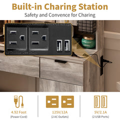 HAOYYE Large Vanity Table Set with LED Lighted Mirror, 2 DIY Pegboards, 5 Hooks, Makeup Desk with Charging Station, Storage Shelves, Drawers & Cabinets, Cushioned Stool, Modern Bedroom Makeup Table for Women, Adjustable Brightness Mirror
