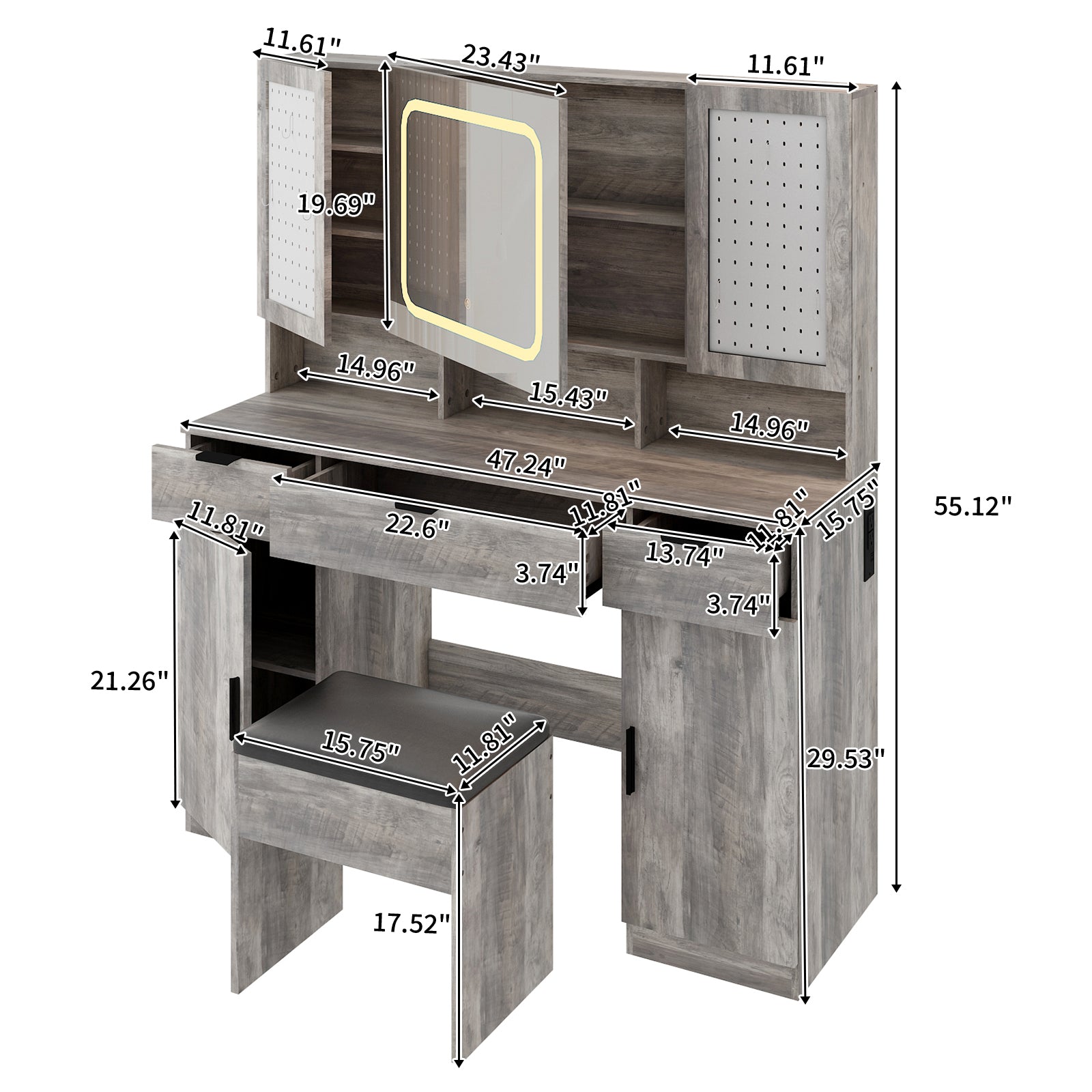 HAOYYE Large Vanity Table Set with LED Lighted Mirror, 2 DIY Pegboards, 5 Hooks, Makeup Desk with Charging Station, Storage Shelves, Drawers & Cabinets, Cushioned Stool, Modern Bedroom Makeup Table for Women, Adjustable Brightness Mirror