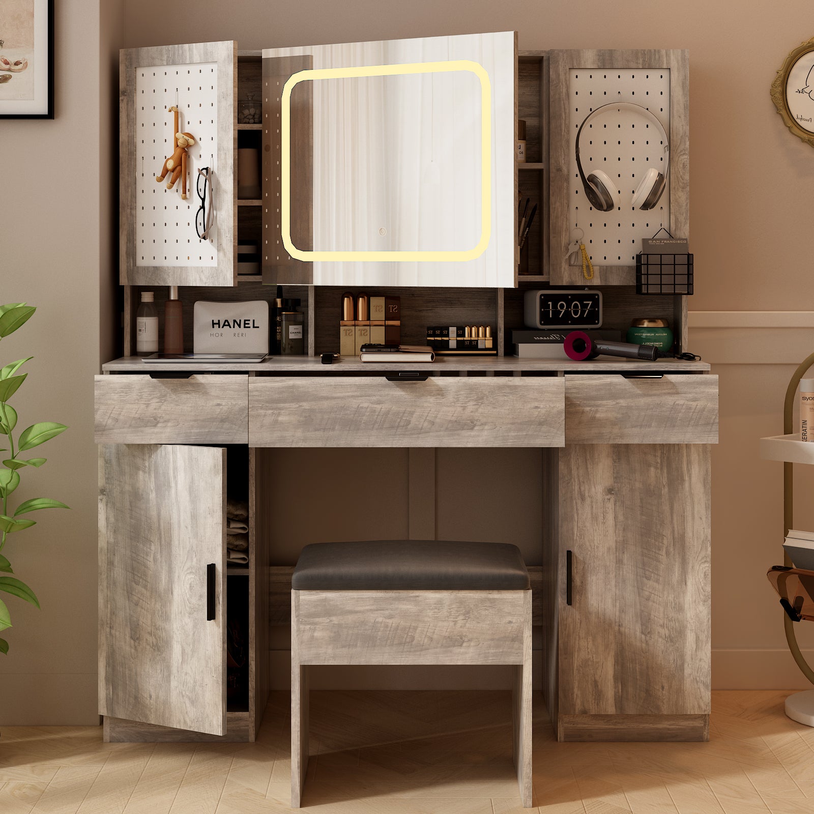 HAOYYE Large Vanity Table Set with LED Lighted Mirror, 2 DIY Pegboards, 5 Hooks, Makeup Desk with Charging Station, Storage Shelves, Drawers & Cabinets, Cushioned Stool, Modern Bedroom Makeup Table for Women, Adjustable Brightness Mirror