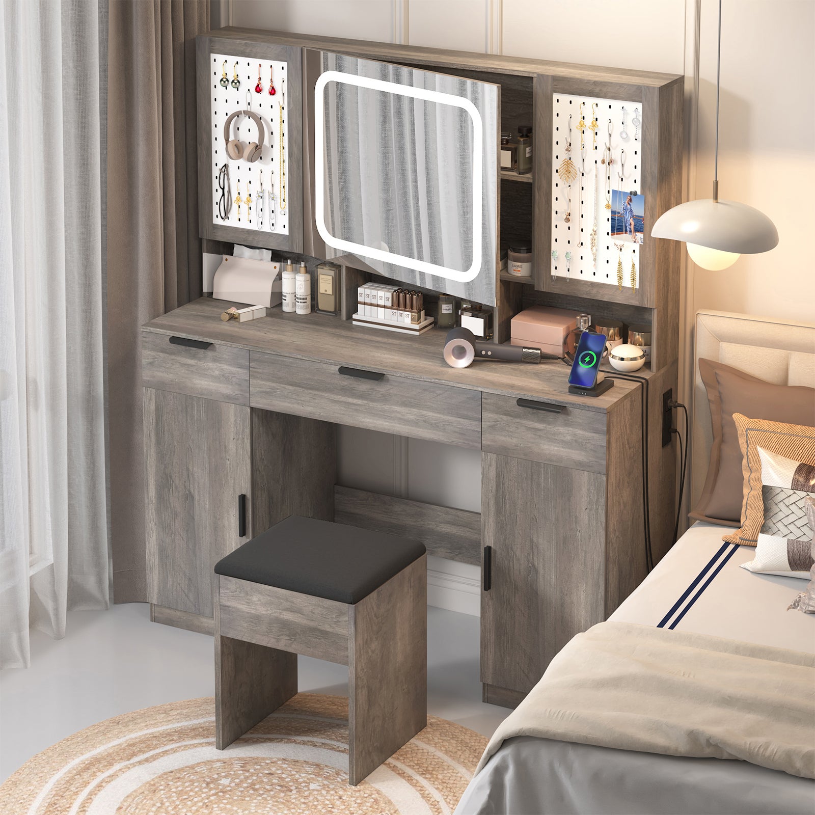 HAOYYE Large Vanity Table Set with LED Lighted Mirror, Adjustable Brightness, 2 DIY Pegboards, 5 Hooks, Makeup Desk with Storage Drawers, Shelves & Cabinets, Charging Station with USB Ports, Cushioned Stool for Bedroom & Dressing Room