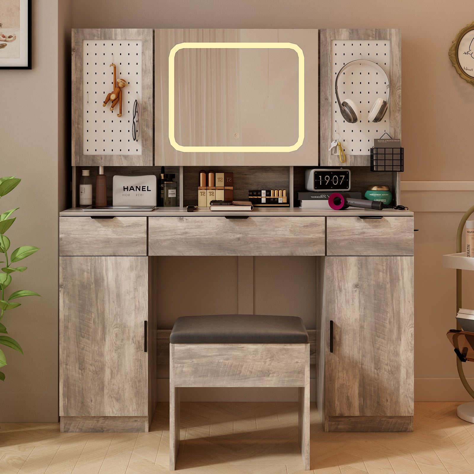 HAOYYE Large Vanity Table Set with LED Lighted Mirror, 2 DIY Pegboards, 5 Hooks, Makeup Desk with Charging Station, Storage Shelves, Drawers & Cabinets, Cushioned Stool, Modern Bedroom Makeup Table for Women, Adjustable Brightness Mirror