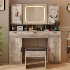 HAOYYE Large Vanity Table Set with LED Lighted Mirror, 2 DIY Pegboards, 5 Hooks, Makeup Desk with Charging Station, Storage Shelves, Drawers & Cabinets, Cushioned Stool, Modern Bedroom Makeup Table for Women, Adjustable Brightness Mirror