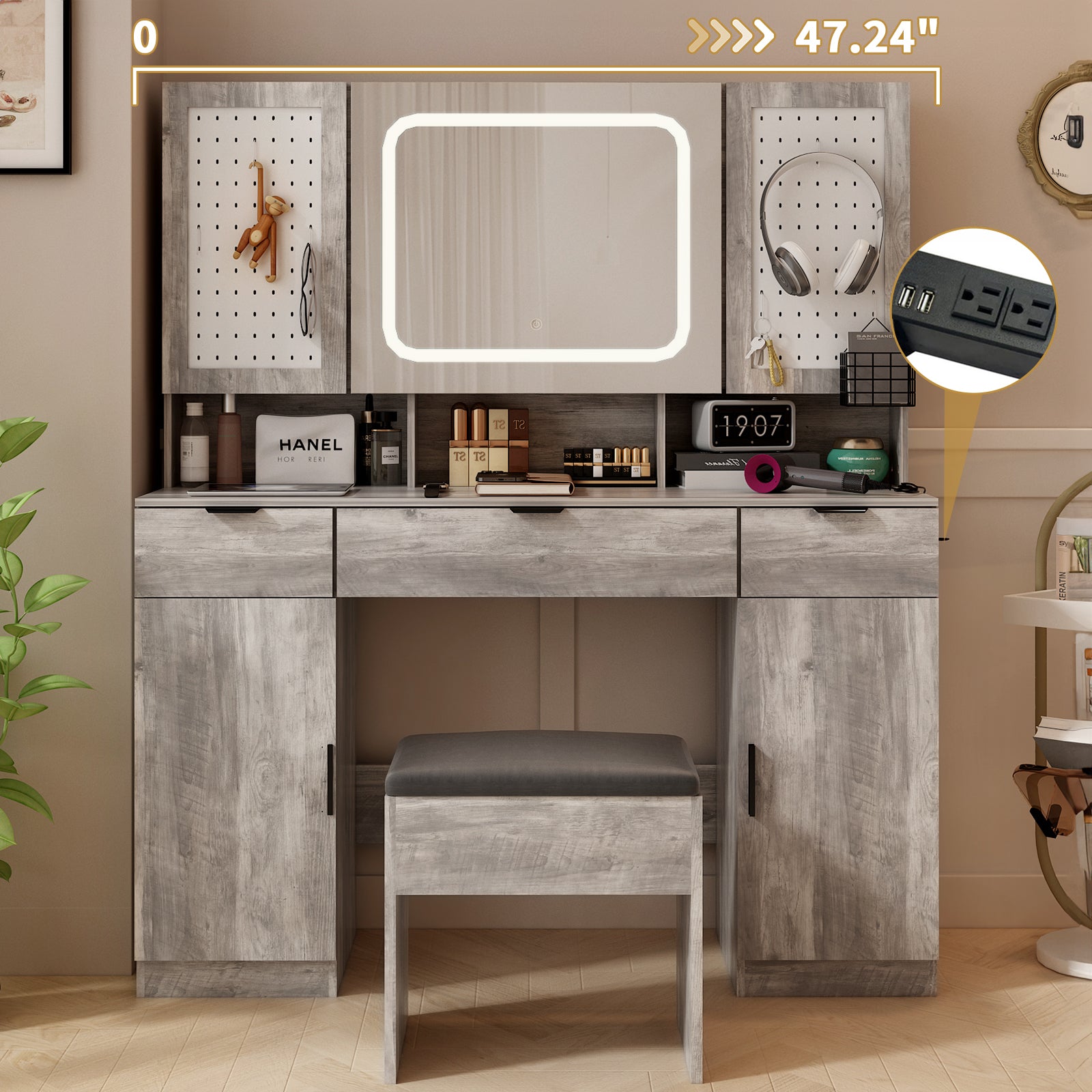 HAOYYE Large Vanity Table Set with LED Lighted Mirror, 2 DIY Pegboards, 5 Hooks, Makeup Desk with Charging Station, Storage Shelves, Drawers & Cabinets, Cushioned Stool, Modern Bedroom Makeup Table for Women, Adjustable Brightness Mirror