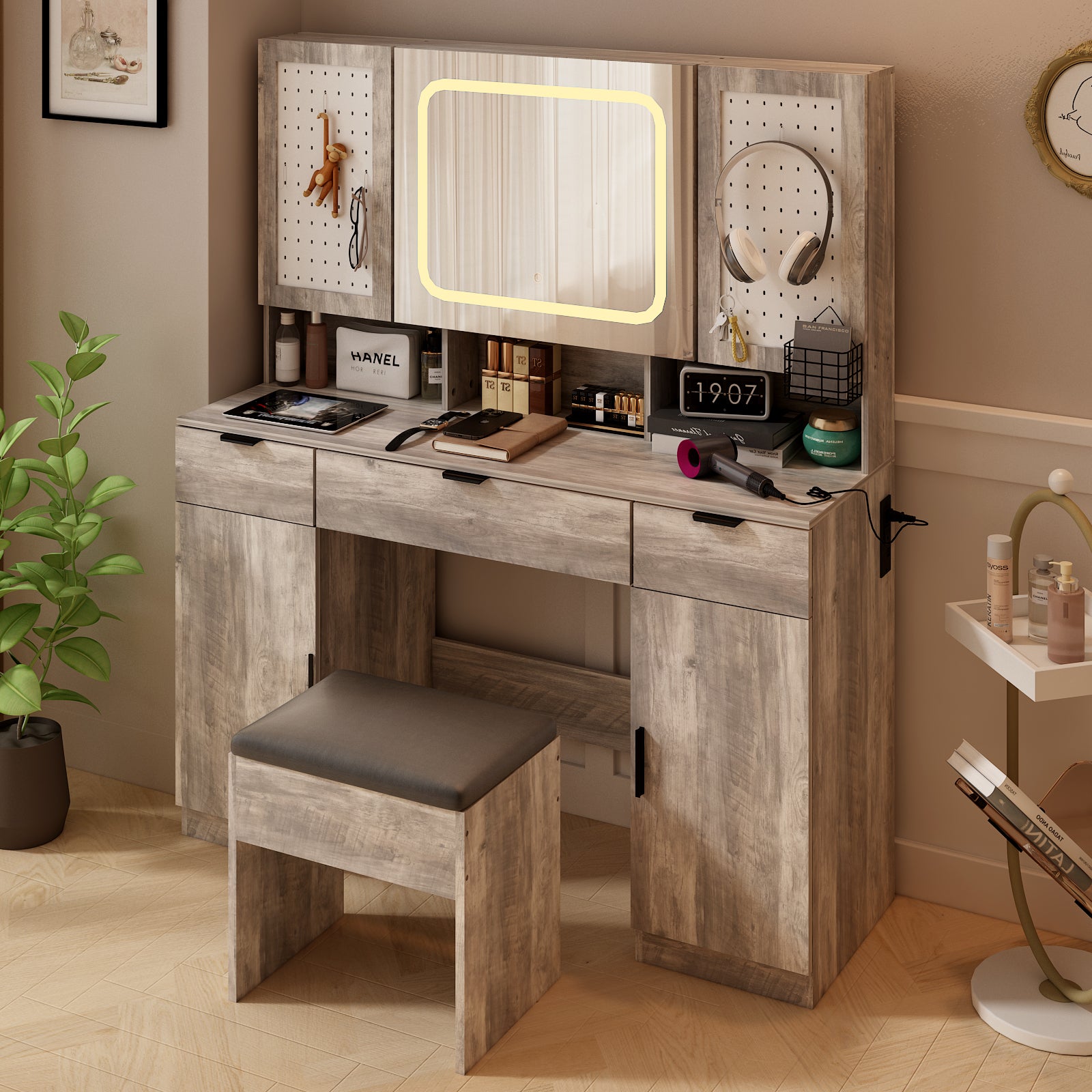 HAOYYE Large Vanity Table Set with LED Lighted Mirror, 2 DIY Pegboards, 5 Hooks, Makeup Desk with Charging Station, Storage Shelves, Drawers & Cabinets, Cushioned Stool, Modern Bedroom Makeup Table for Women, Adjustable Brightness Mirror