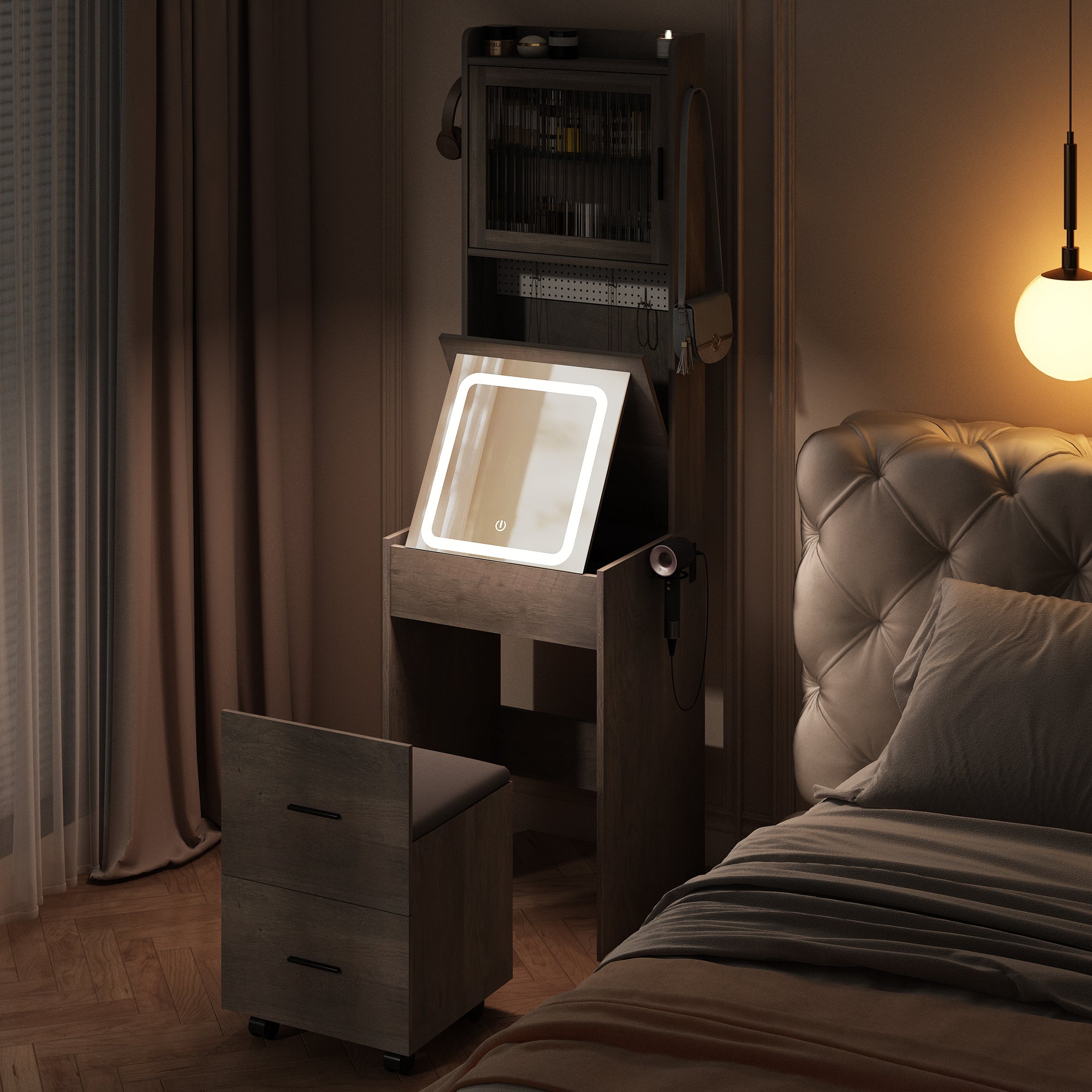 HAOYYE Small Vanity Desk with LED Mirror Lights, Makeup Table with Charging Station & Storage Shelves, Compact Mini Corner Vanity Set with Hidden Storage Stool for Small Bedroom, Modern Gray, Space-Saving Design for Apartments