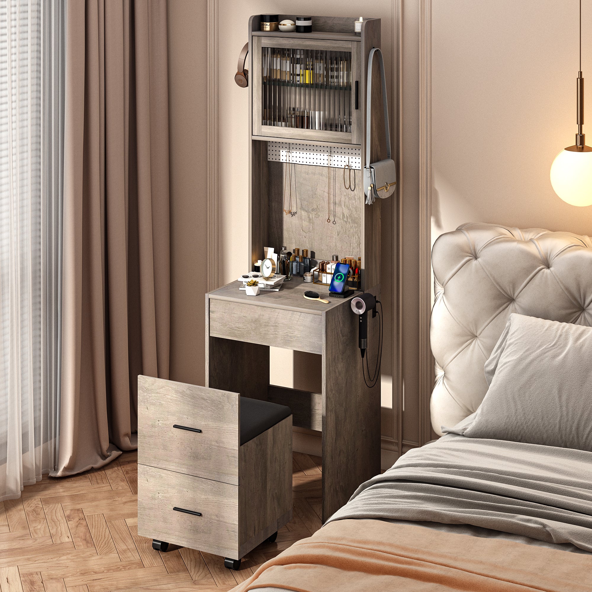 HAOYYE Small Vanity Desk with Mirror and LED Lights, Compact Makeup Table with Charging Station, Storage Shelves, Hidden Storage Stool, Modern Corner Vanity Set for Small Space, Bedroom, Gray