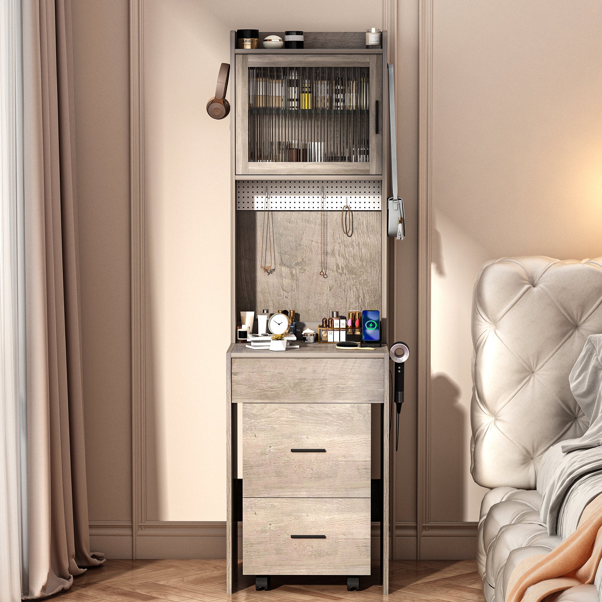 HAOYYE Small Vanity Desk with Mirror and LED Lights, Compact Makeup Table with Charging Station, Storage Shelves, Hidden Storage Stool, Modern Corner Vanity Set for Small Space, Bedroom, Gray