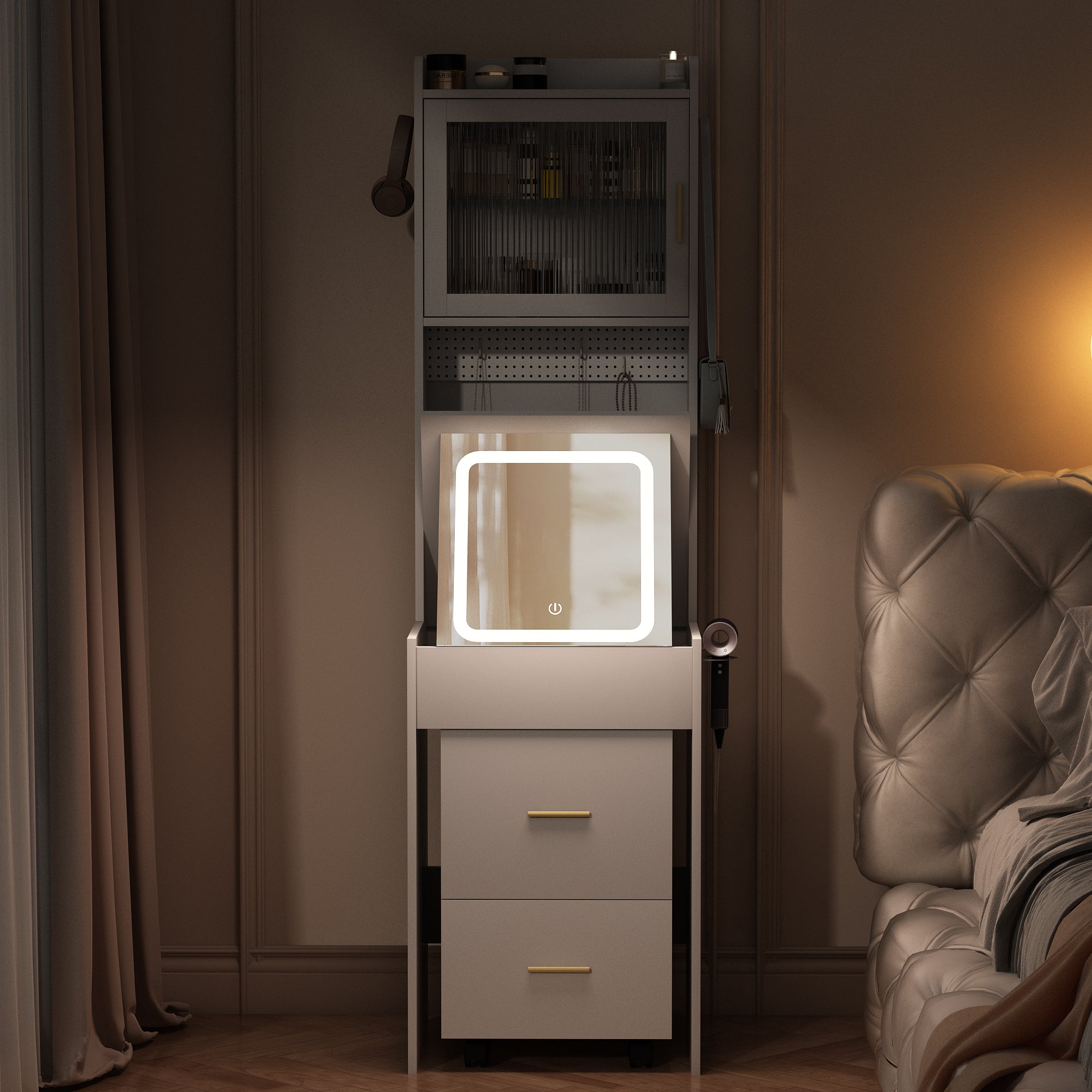 HAOYYE Small Vanity Desk with Mirror and LED Lights, Compact Makeup Table with Charging Station, Storage Shelves, Hidden Storage Stool for Bedroom, Mini Corner Vanity Set for Small Spaces, White, Space-Saving Design, Modern and Functional