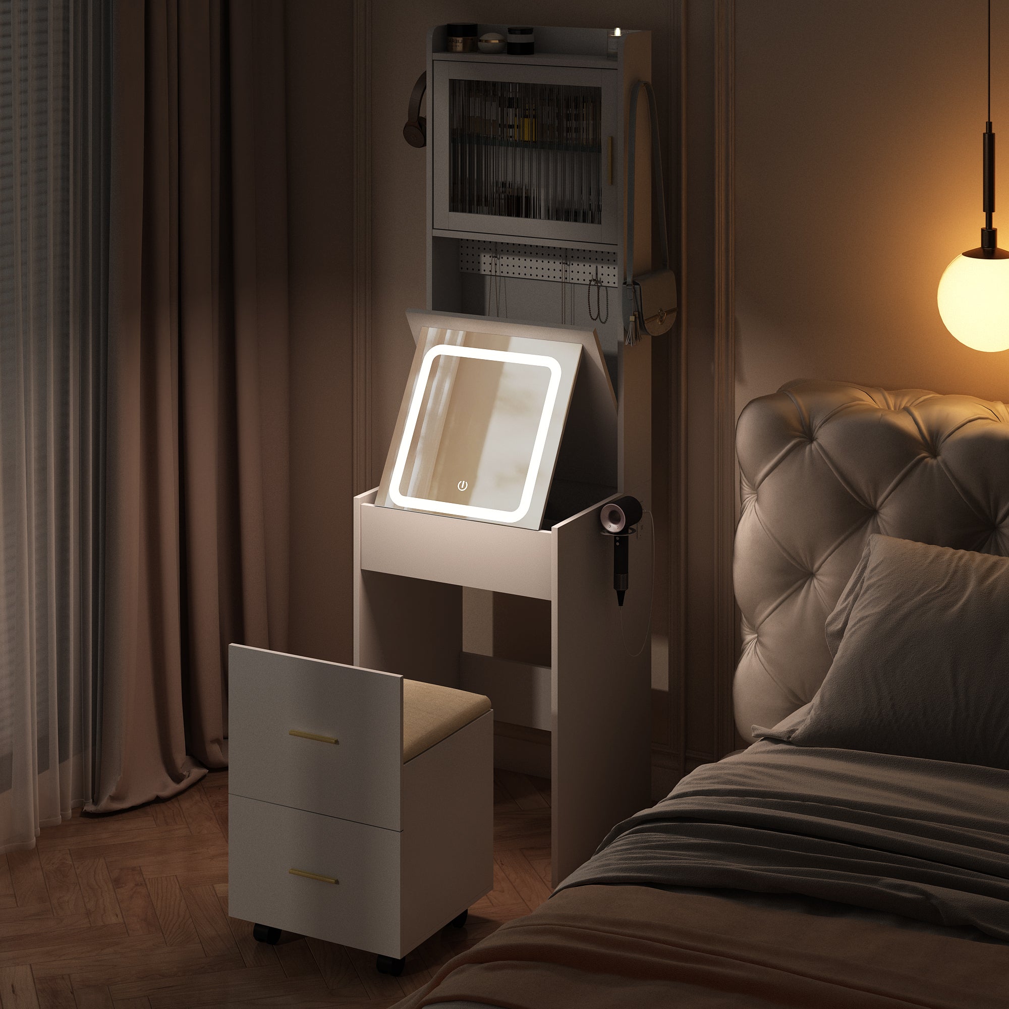 HAOYYE Small Vanity Desk with Mirror and LED Lights, Compact Makeup Table with Charging Station, Storage Shelves, Hidden Storage Stool for Bedroom, Mini Corner Vanity Set for Small Spaces, White, Space-Saving Design, Modern and Functional