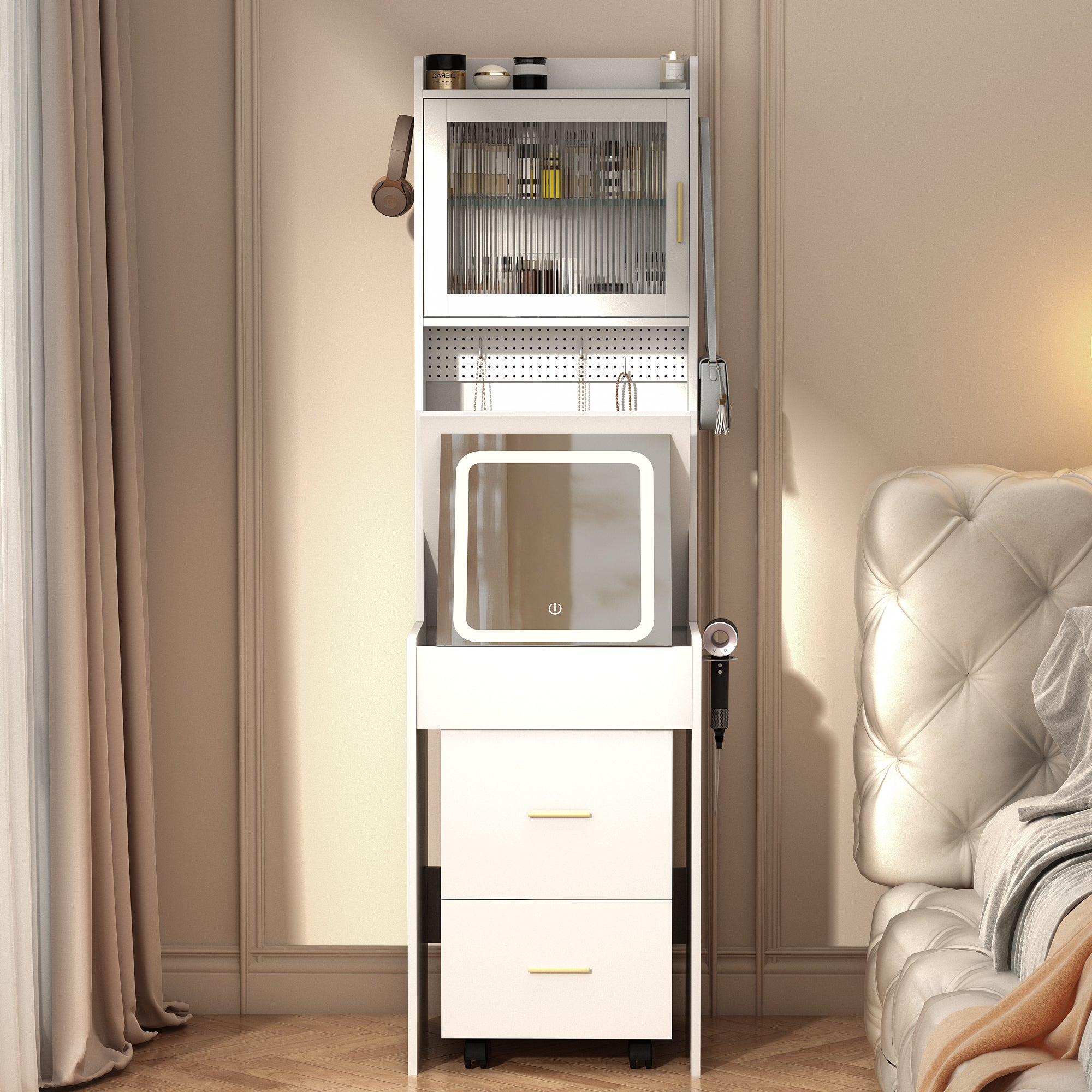 HAOYYE Small Vanity Desk with Mirror and LED Lights, Compact Makeup Table with Charging Station, Storage Shelves, Hidden Storage Stool for Bedroom, Mini Corner Vanity Set for Small Spaces, White, Space-Saving Design, Modern and Functional