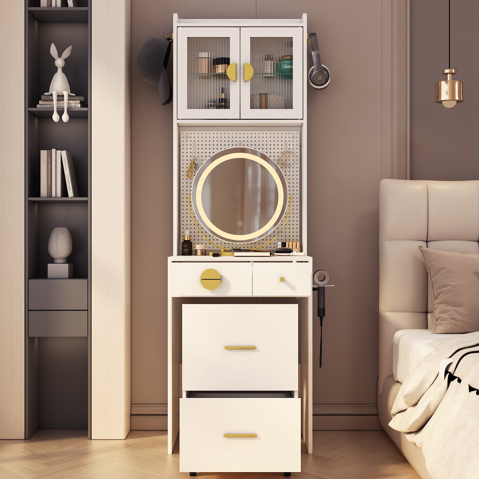 HAOYYE Small Vanity Desk with Mirror and LED Lights, Makeup Table with Charging Station, Drawers & Storage Shelves, Compact Mini Corner Vanity Set with Hidden Storage Stool for Bedroom, Space-Saving, Modern Makeup Organizer for Small Spaces