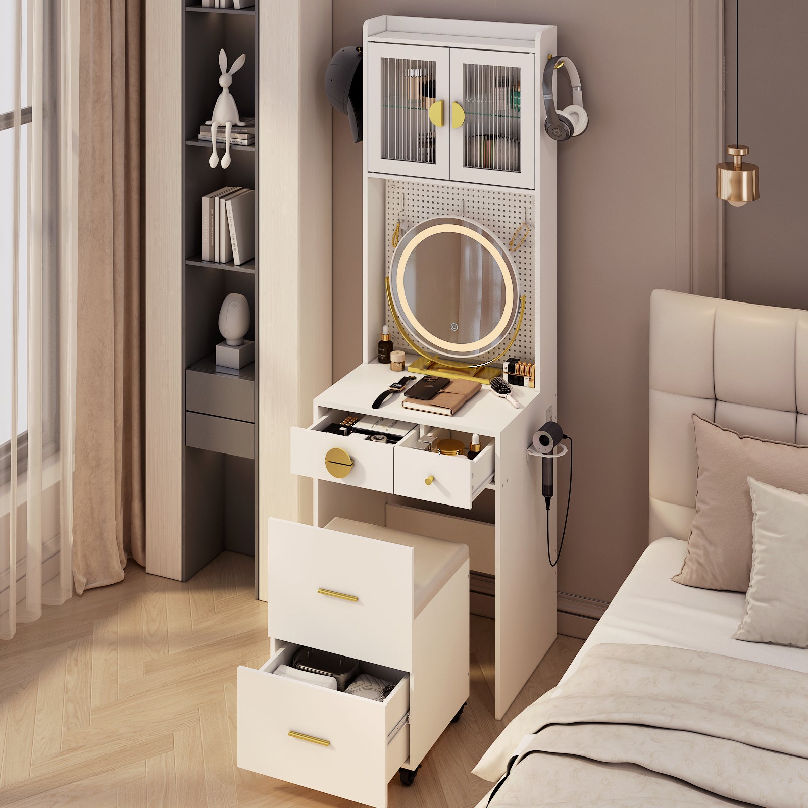 HAOYYE Small Vanity Desk with Mirror and LED Lights, Makeup Table with Charging Station, Drawers & Storage Shelves, Compact Mini Corner Vanity Set with Hidden Storage Stool for Bedroom, Space-Saving, Modern Makeup Organizer for Small Spaces