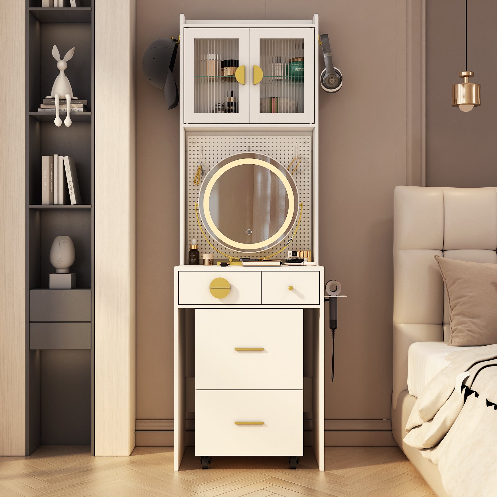 HAOYYE Small Vanity Desk with Mirror and LED Lights, Makeup Table with Charging Station, Drawers & Storage Shelves, Compact Mini Corner Vanity Set with Hidden Storage Stool for Bedroom, Space-Saving, Modern Makeup Organizer for Small Spaces