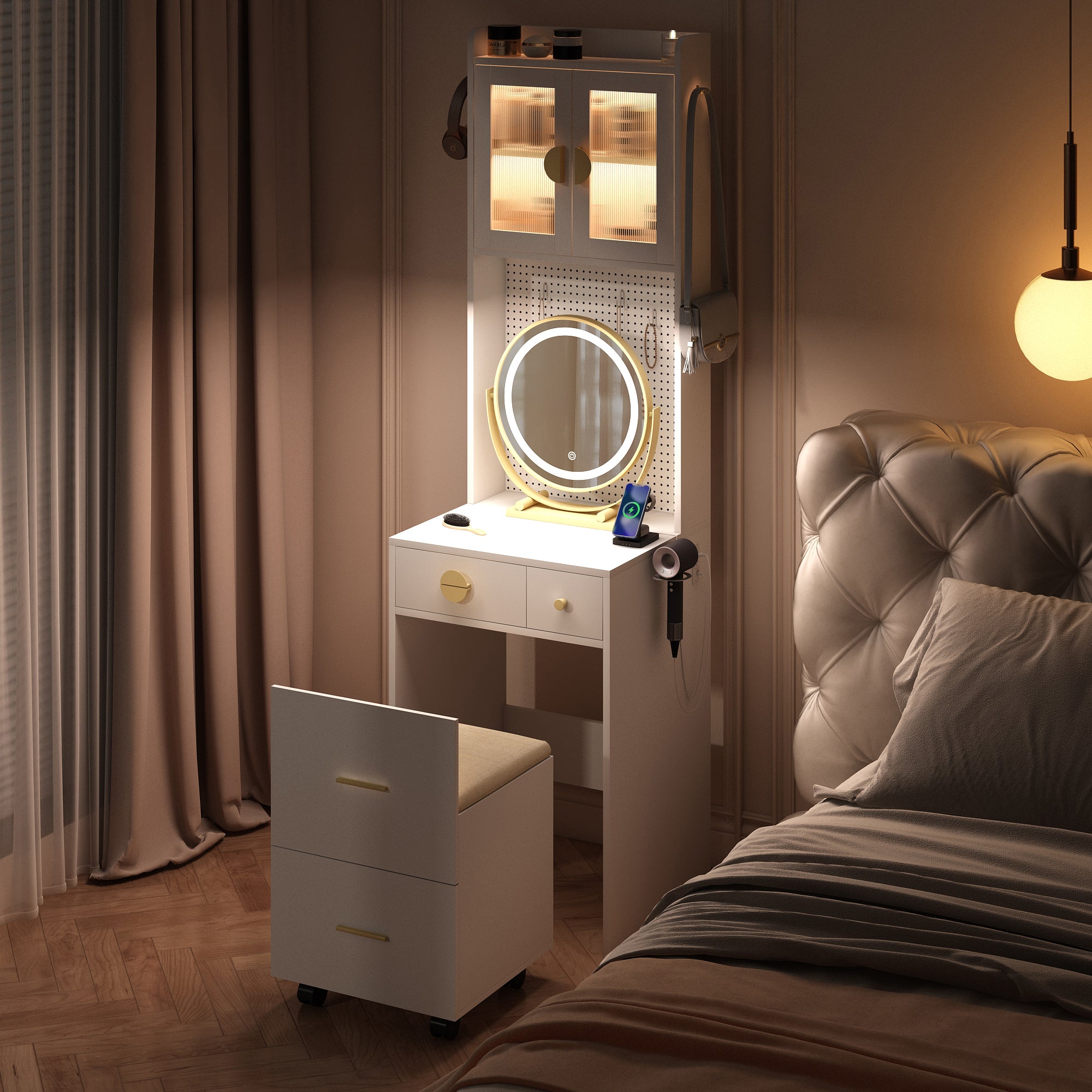 HAOYYE Small Vanity Desk with Mirror and LED Lights, Makeup Table with Charging Station, Drawers & Storage Shelves, Compact Mini Corner Vanity Set with Hidden Storage Stool for Bedroom, Space-Saving, Modern Makeup Organizer for Small Spaces