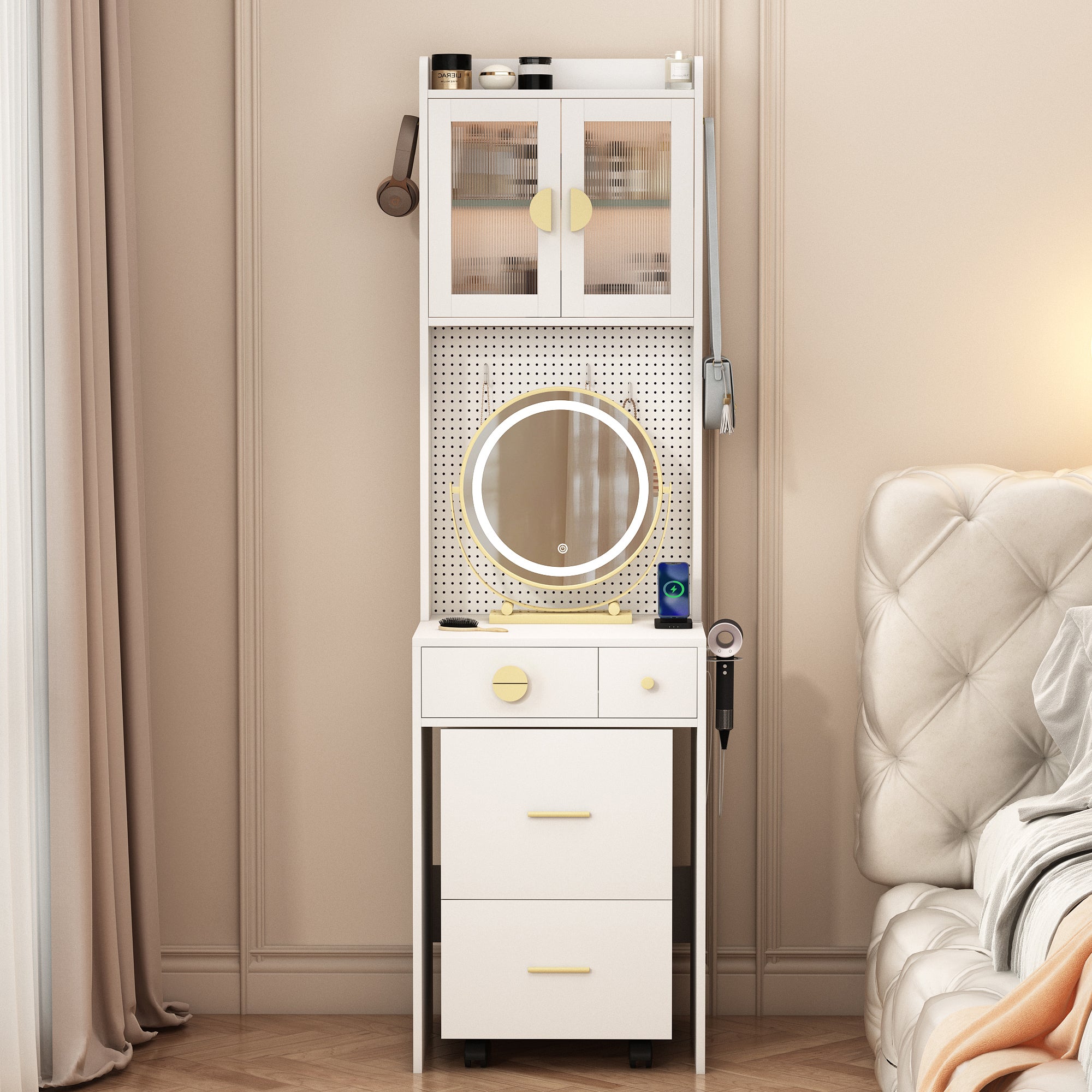 HAOYYE Small Vanity Desk with Mirror and LED Lights, Makeup Table with Charging Station, Drawers & Storage Shelves, Compact Mini Corner Vanity Set with Hidden Storage Stool for Bedroom, Space-Saving, Modern Makeup Organizer for Small Spaces