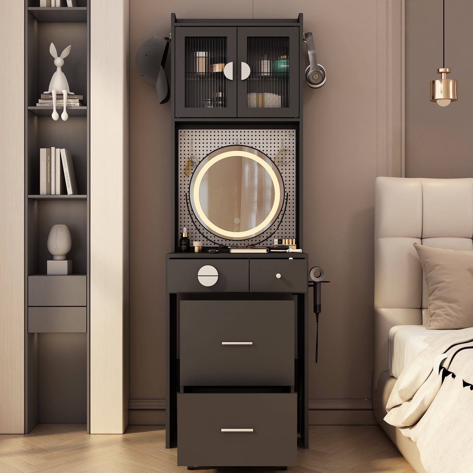 HAOYYE Small Vanity Desk with Mirror and LED Lights, Makeup Table with Charging Station, Drawers & Storage Shelves, Compact Mini Corner Vanity Set with Hidden Storage Stool for Bedroom, Space-Saving, Modern Makeup Organizer for Small Spaces