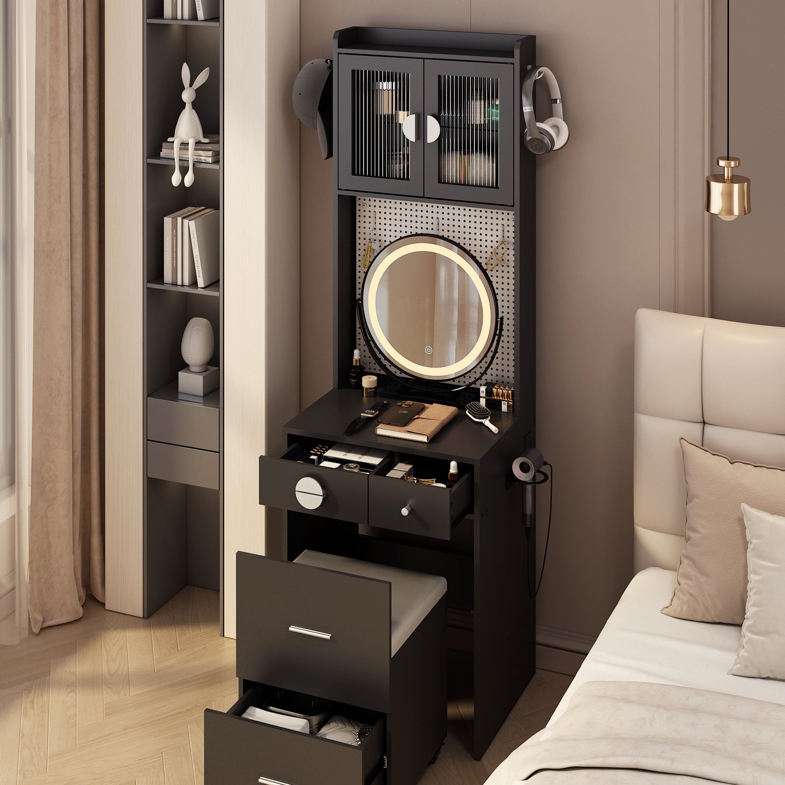 HAOYYE Small Vanity Desk with Mirror and LED Lights, Makeup Table with Charging Station, Drawers & Storage Shelves, Compact Mini Corner Vanity Set with Hidden Storage Stool for Bedroom, Space-Saving, Modern Makeup Organizer for Small Spaces