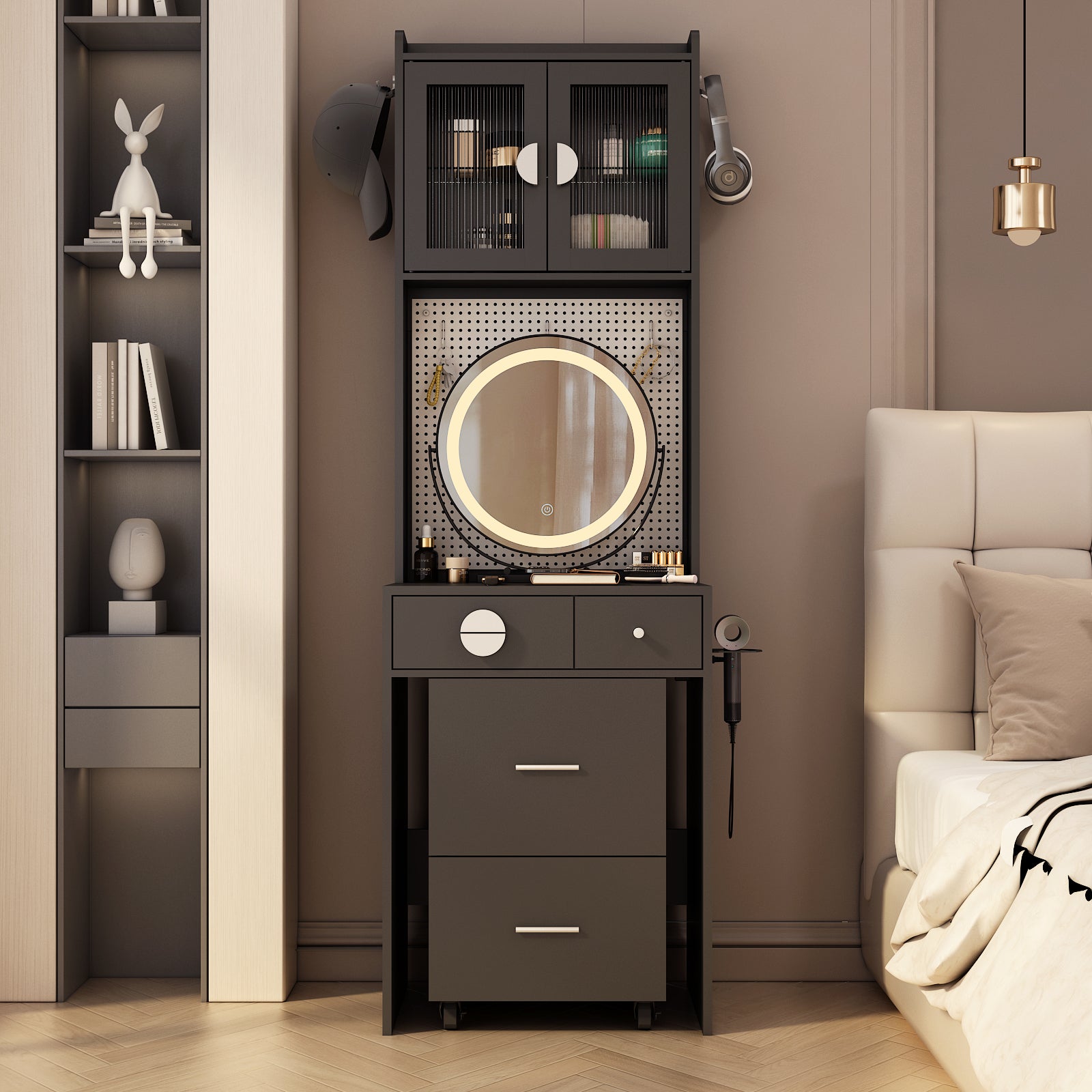 HAOYYE Small Vanity Desk with Mirror and LED Lights, Makeup Table with Charging Station, Drawers & Storage Shelves, Compact Mini Corner Vanity Set with Hidden Storage Stool for Bedroom, Space-Saving, Modern Makeup Organizer for Small Spaces
