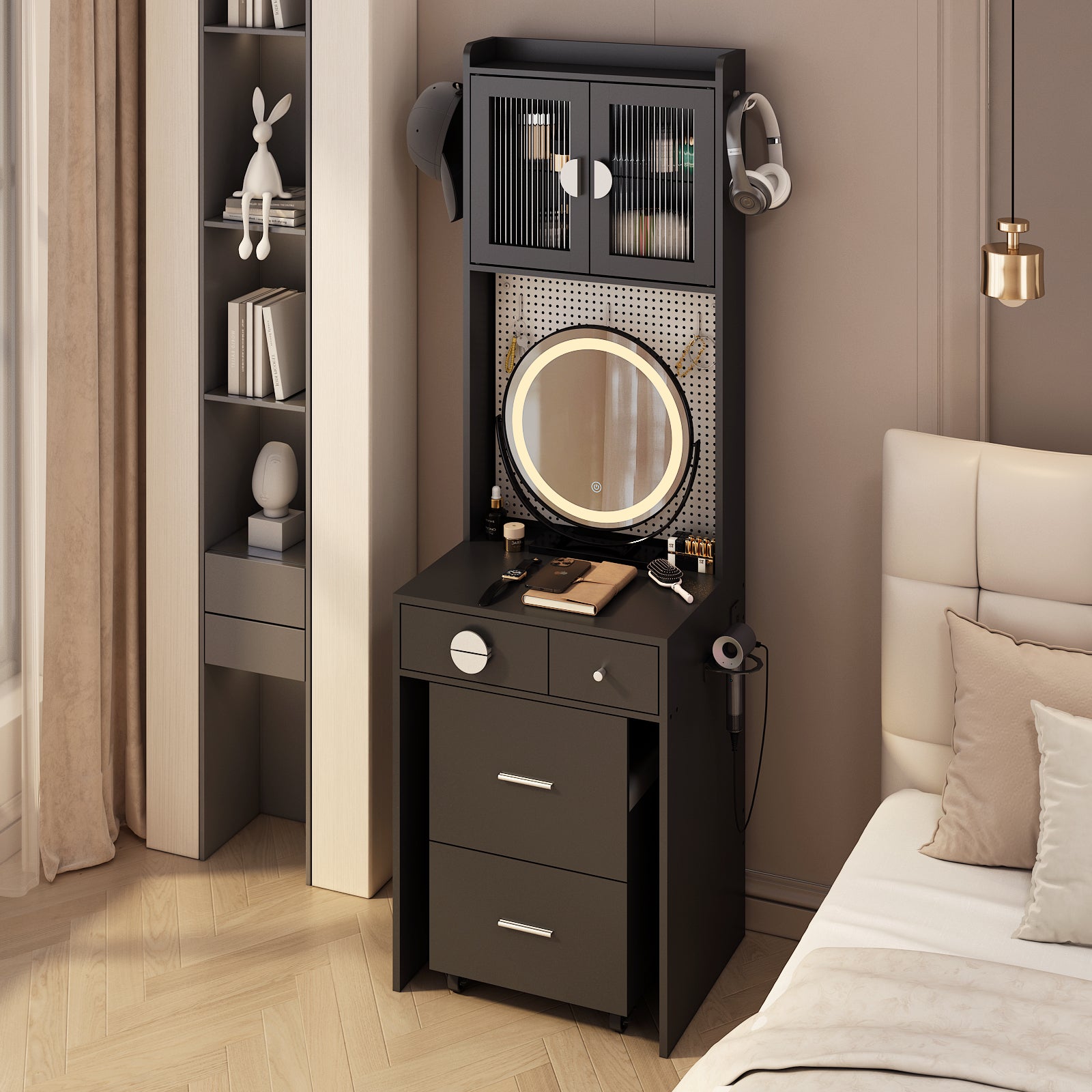 HAOYYE Small Vanity Desk with Mirror and LED Lights, Makeup Table with Charging Station, Drawers & Storage Shelves, Compact Mini Corner Vanity Set with Hidden Storage Stool for Bedroom, Space-Saving, Modern Makeup Organizer for Small Spaces