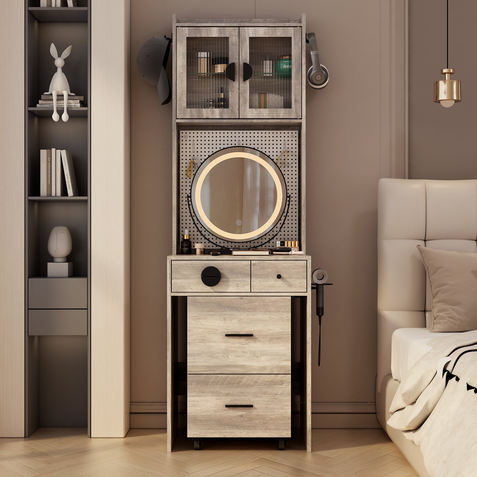 HAOYYE Small Vanity Desk with LED Mirror, Makeup Table with Charging Station, Drawers & Storage Shelves for Small Spaces, Compact Corner Vanity Set with Hidden Storage Stool for Bedroom, Apartments, Dorm Rooms – Space-Saving Design