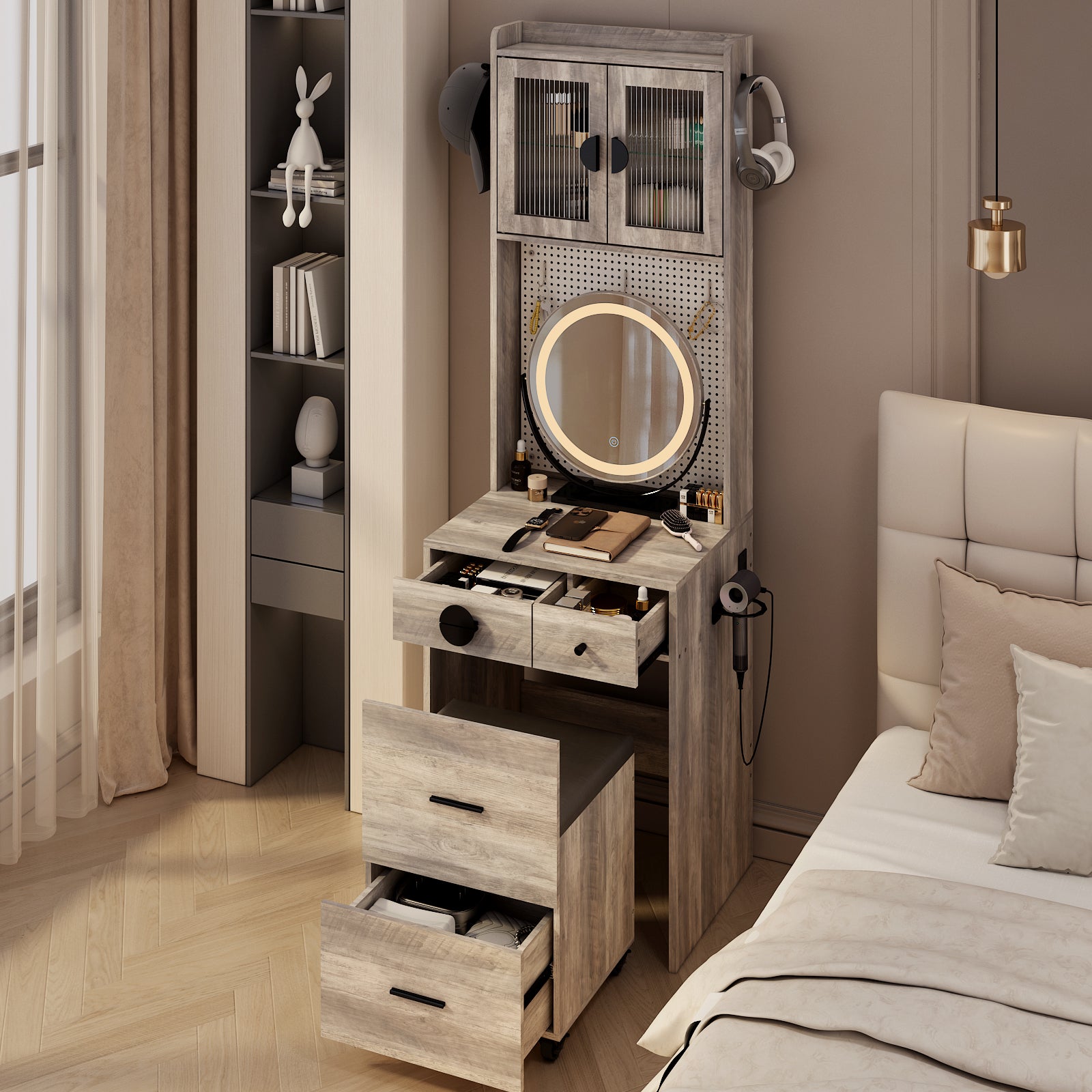 HAOYYE Small Vanity Desk with LED Mirror, Makeup Table with Charging Station, Drawers & Storage Shelves for Small Spaces, Compact Corner Vanity Set with Hidden Storage Stool for Bedroom, Apartments, Dorm Rooms – Space-Saving Design