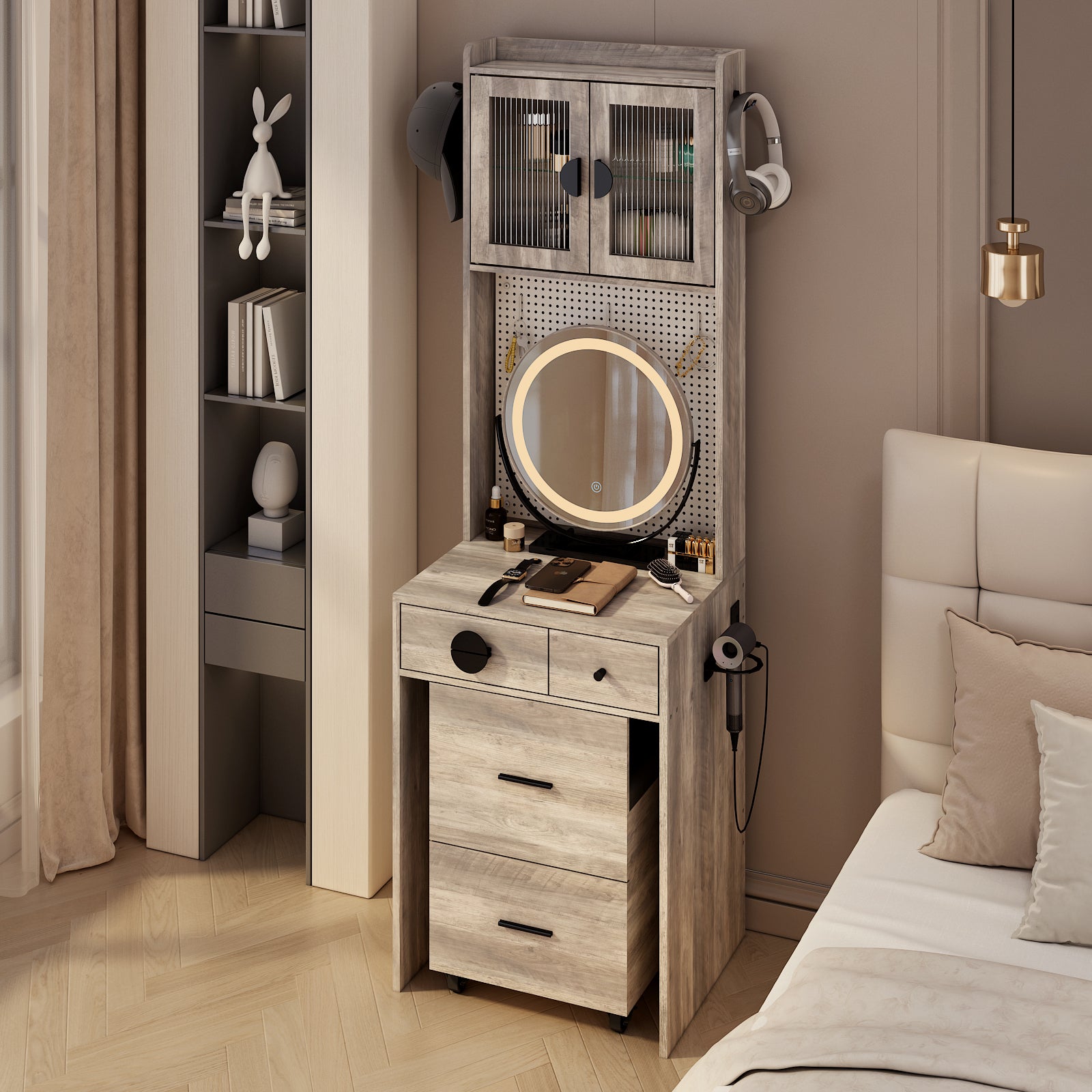 HAOYYE Small Vanity Desk with LED Mirror, Makeup Table with Charging Station, Drawers & Storage Shelves for Small Spaces, Compact Corner Vanity Set with Hidden Storage Stool for Bedroom, Apartments, Dorm Rooms – Space-Saving Design