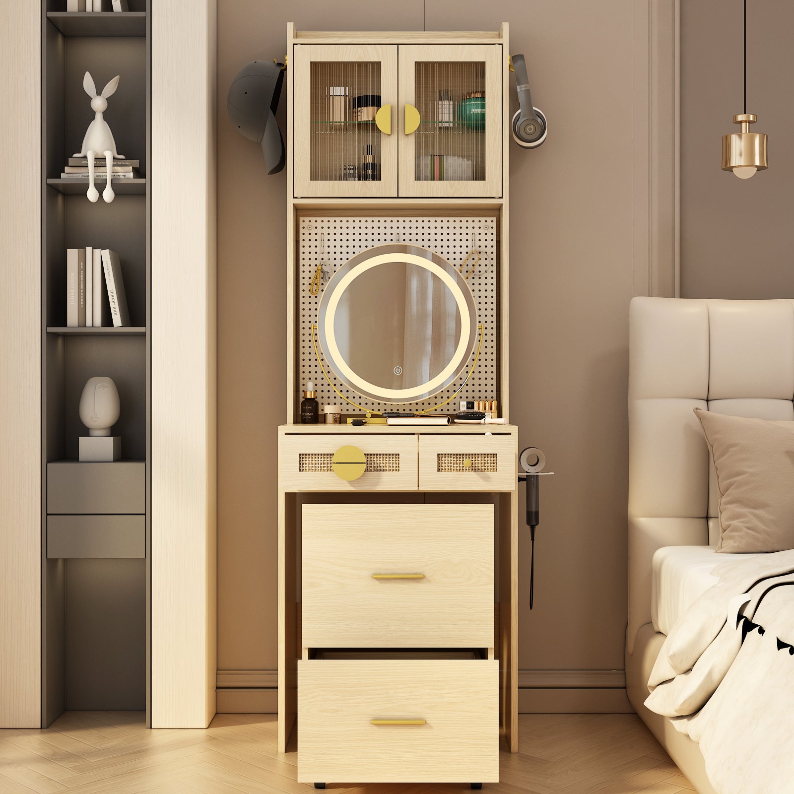 HAOYYE Small Vanity Desk with LED Mirror and Lights, Compact Makeup Table with Charging Station, Storage Shelves, Drawers & Hidden Stool for Small Space, Mini Corner Vanity Set for Bedroom, Modern Storage Solution for Apartments