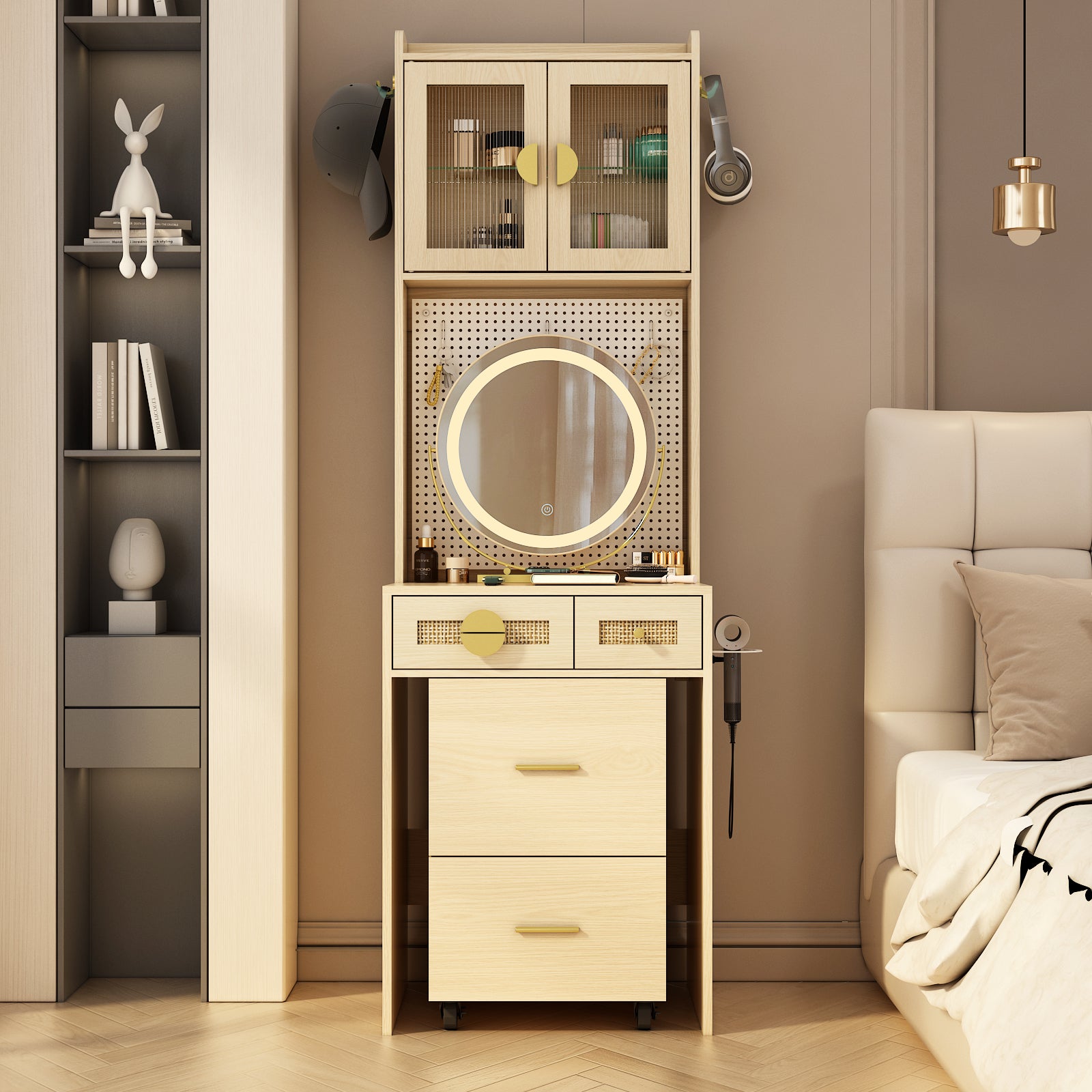HAOYYE Small Vanity Desk with LED Mirror and Lights, Compact Makeup Table with Charging Station, Storage Shelves, Drawers & Hidden Stool for Small Space, Mini Corner Vanity Set for Bedroom, Modern Storage Solution for Apartments