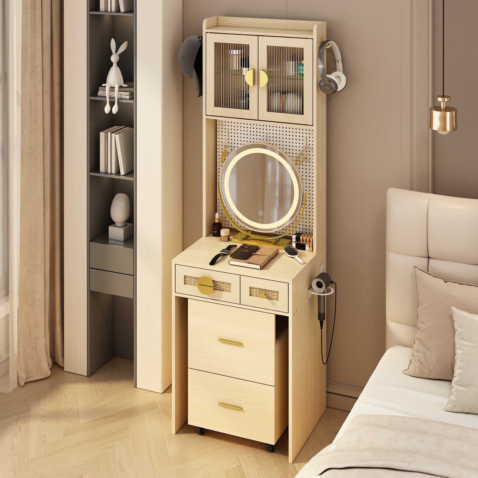 HAOYYE Small Vanity Desk with LED Mirror and Lights, Compact Makeup Table with Charging Station, Storage Shelves, Drawers & Hidden Stool for Small Space, Mini Corner Vanity Set for Bedroom, Modern Storage Solution for Apartments