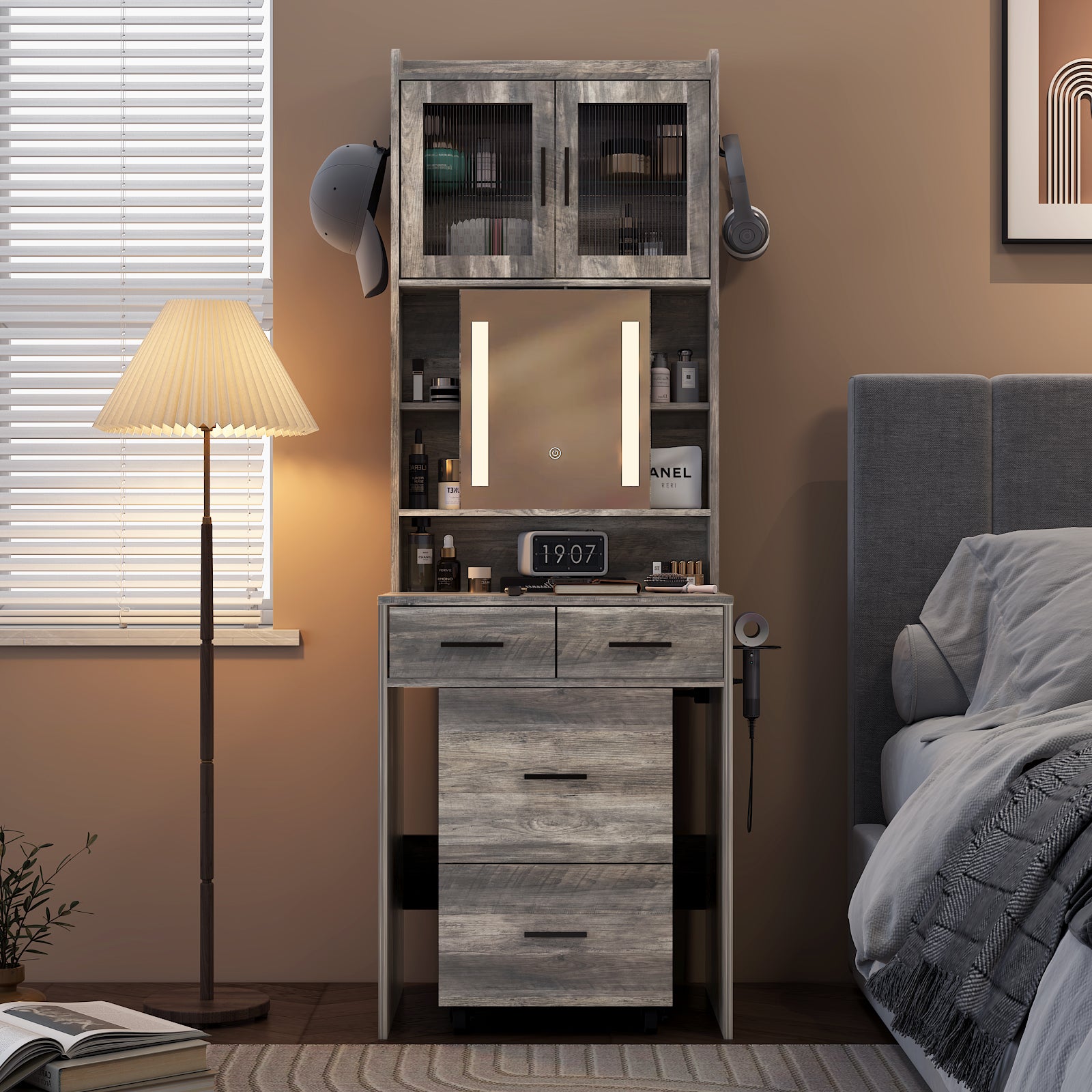HAOYYE Small Vanity Desk with Sliding Mirror, LED Lights, and Charging Station – Compact Mini Makeup Table with Storage Shelves, Hidden Storage Stool for Bedroom, Small Space Corner Vanity Set for Apartments, Modern Design with Dimmable Lighting