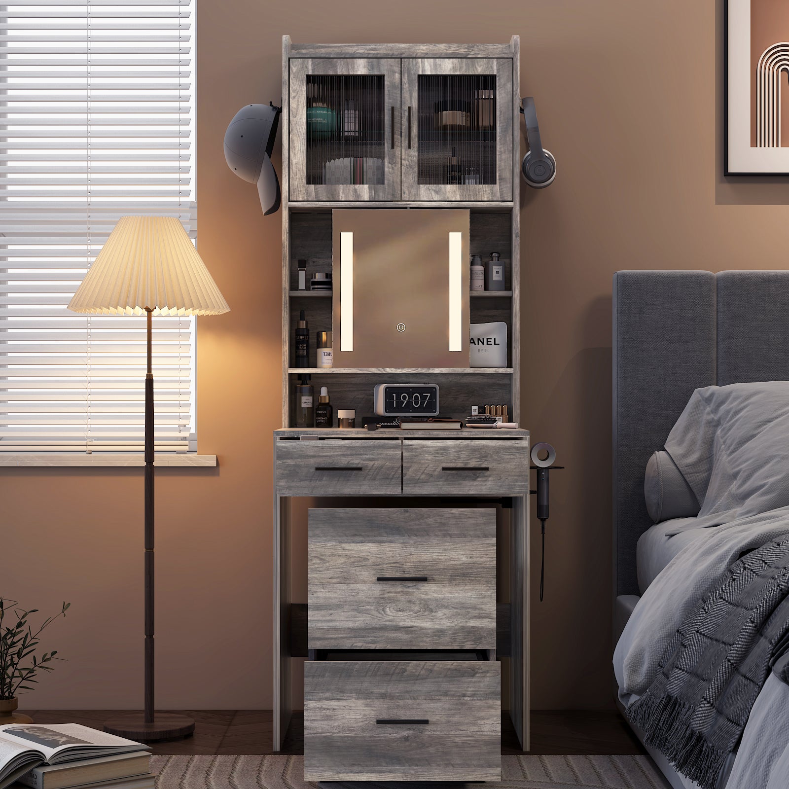 HAOYYE Small Vanity Desk with Sliding Mirror, LED Lights, and Charging Station – Compact Mini Makeup Table with Storage Shelves, Hidden Storage Stool for Bedroom, Small Space Corner Vanity Set for Apartments, Modern Design with Dimmable Lighting
