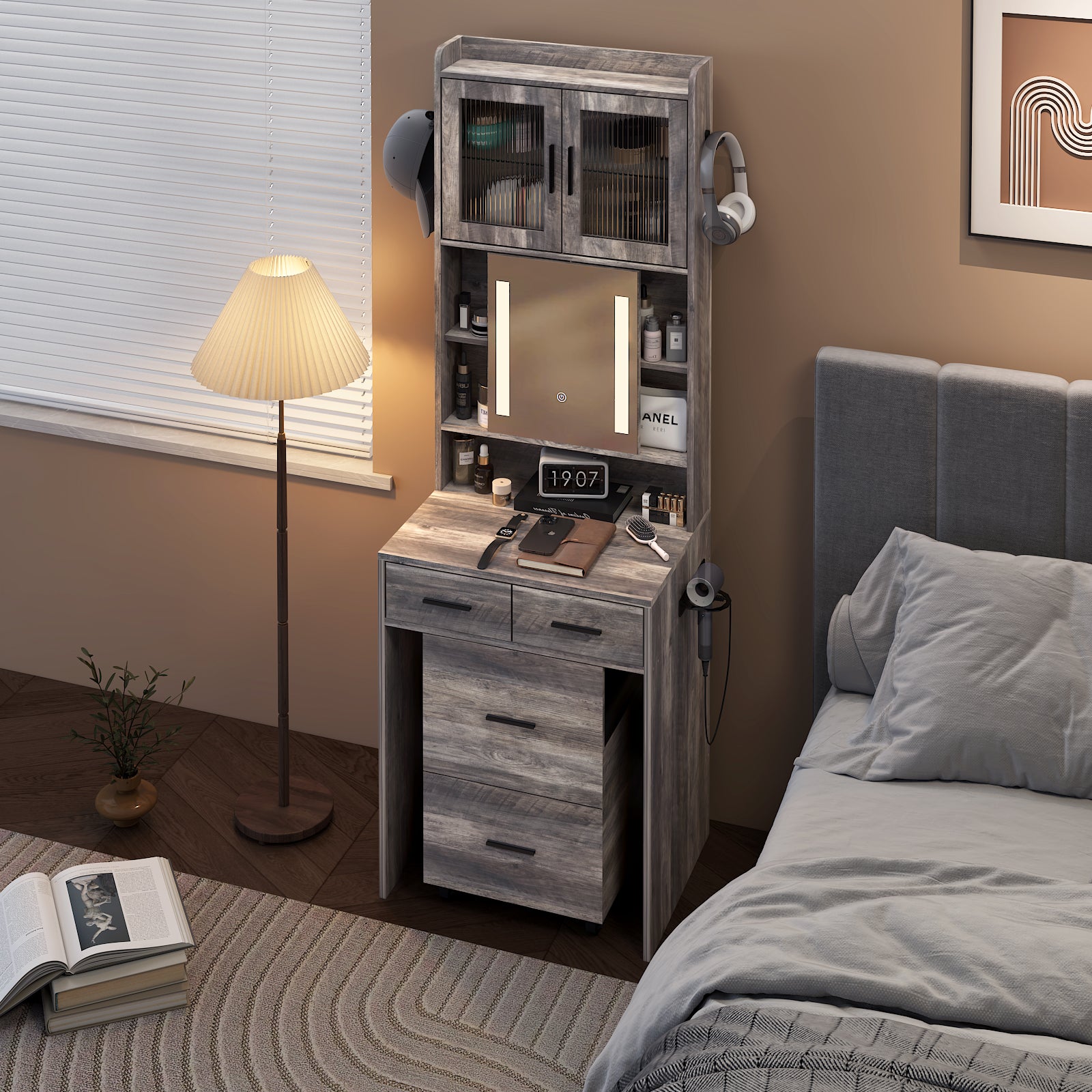 HAOYYE Small Vanity Desk with Sliding Mirror, LED Lights, and Charging Station – Compact Mini Makeup Table with Storage Shelves, Hidden Storage Stool for Bedroom, Small Space Corner Vanity Set for Apartments, Modern Design with Dimmable Lighting