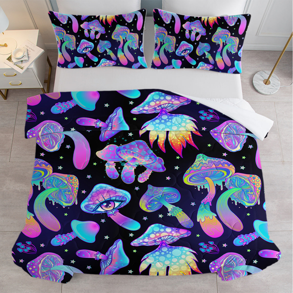 HAOYYE Fantasy Mushroom Dinosaur Duvet Cover Set, Decorative 3-Piece Bedding Set, Ultra Soft Comforter Cover with 2 Pillow Shams, Full Size, Soft Cozy Material, Unique and Stylish Design for a Comfortable and Fun Bedroom