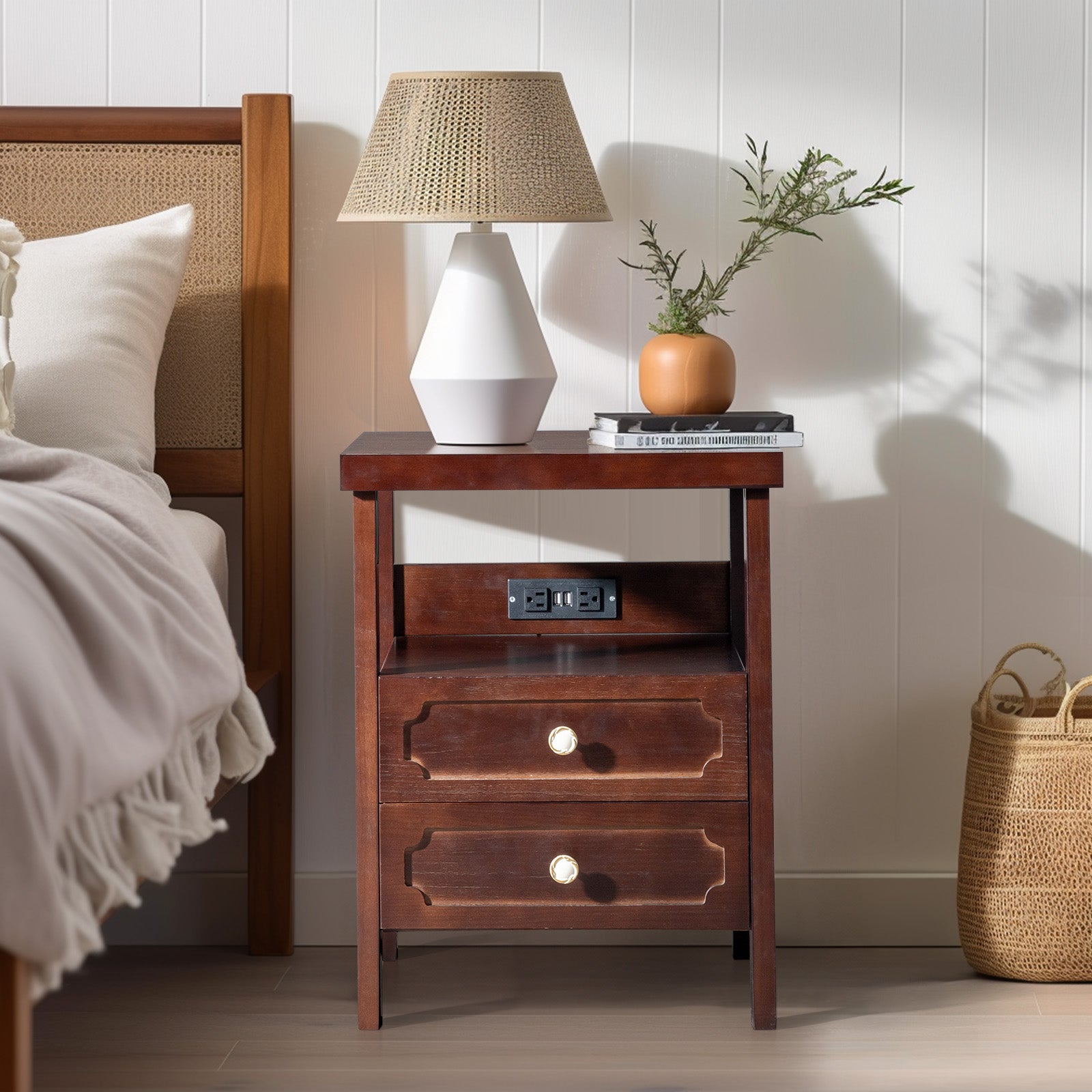 HAOYYE Wood Nightstand End Side Table with 2 Drawers for Bedroom, Living Room, Rustic Pine Storage Table with Shelf, Modern Bedroom Furniture, Sturdy Wooden Night Stand for Small Spaces, Easy Assembly