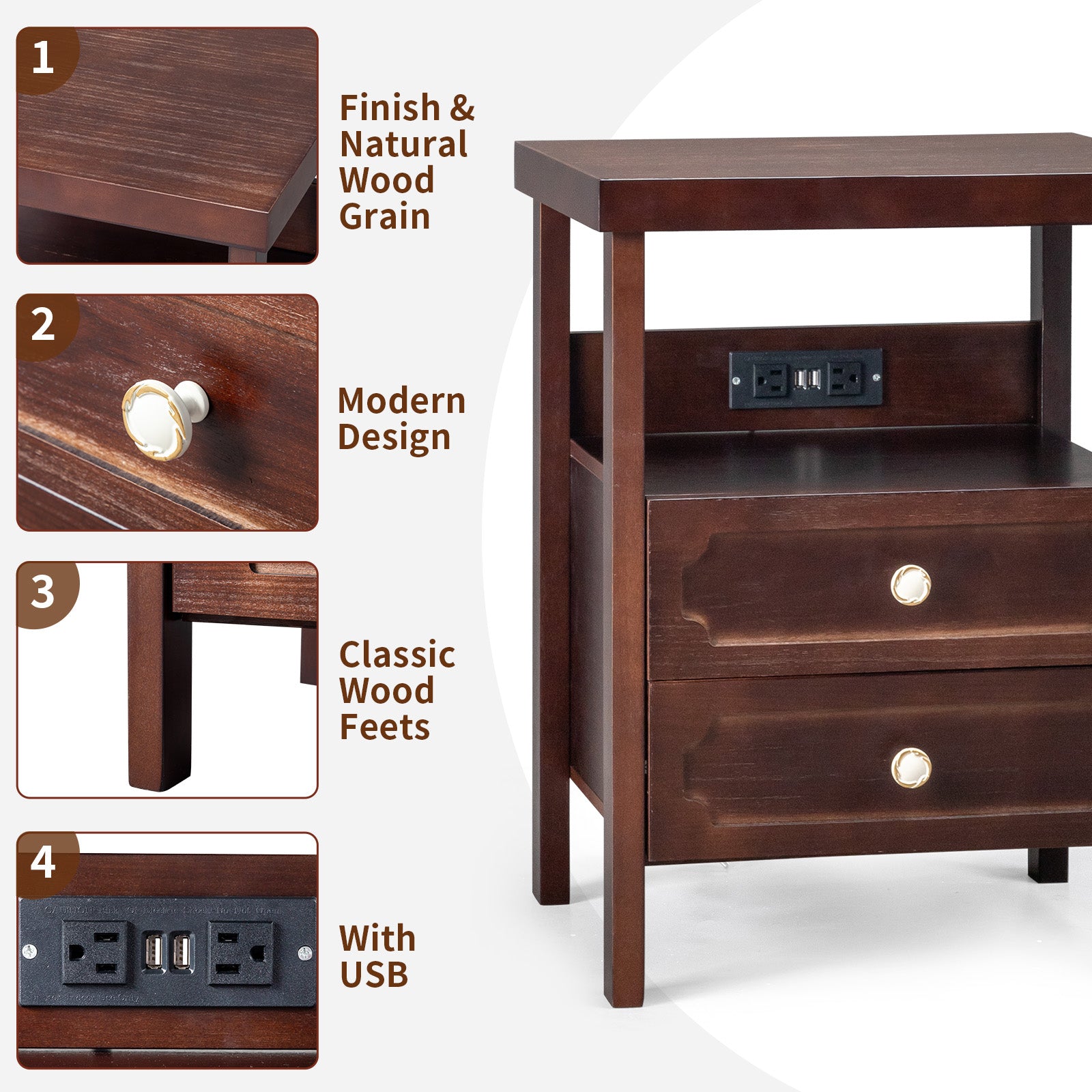 HAOYYE Wood Nightstand End Side Table with 2 Drawers for Bedroom, Living Room, Rustic Pine Storage Table with Shelf, Modern Bedroom Furniture, Sturdy Wooden Night Stand for Small Spaces, Easy Assembly