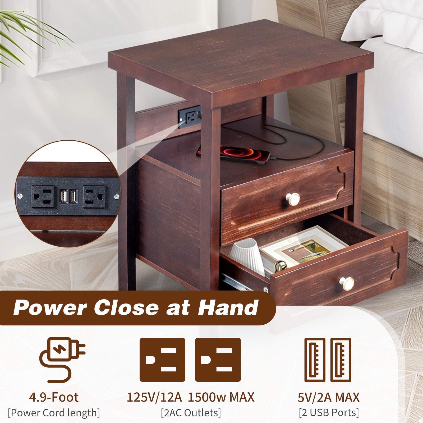 HAOYYE Wood Nightstand End Side Table with 2 Drawers for Bedroom, Living Room, Rustic Pine Storage Table with Shelf, Modern Bedroom Furniture, Sturdy Wooden Night Stand for Small Spaces, Easy Assembly
