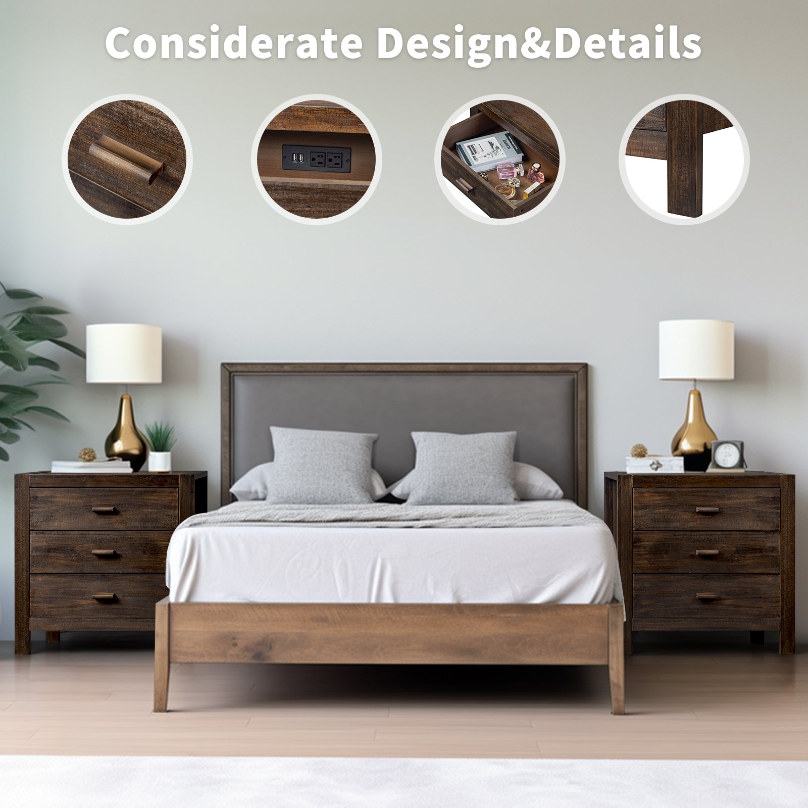 HAOYYE 2pcs Wood Nightstand End Side Table with 3 Drawers, Modern Rustic Nightstand for Living Room, Bedroom, Nightstand Set with Storage for Home, Sturdy Pine Wood Frame, Easy Assembly, Stylish and Functional End Tables