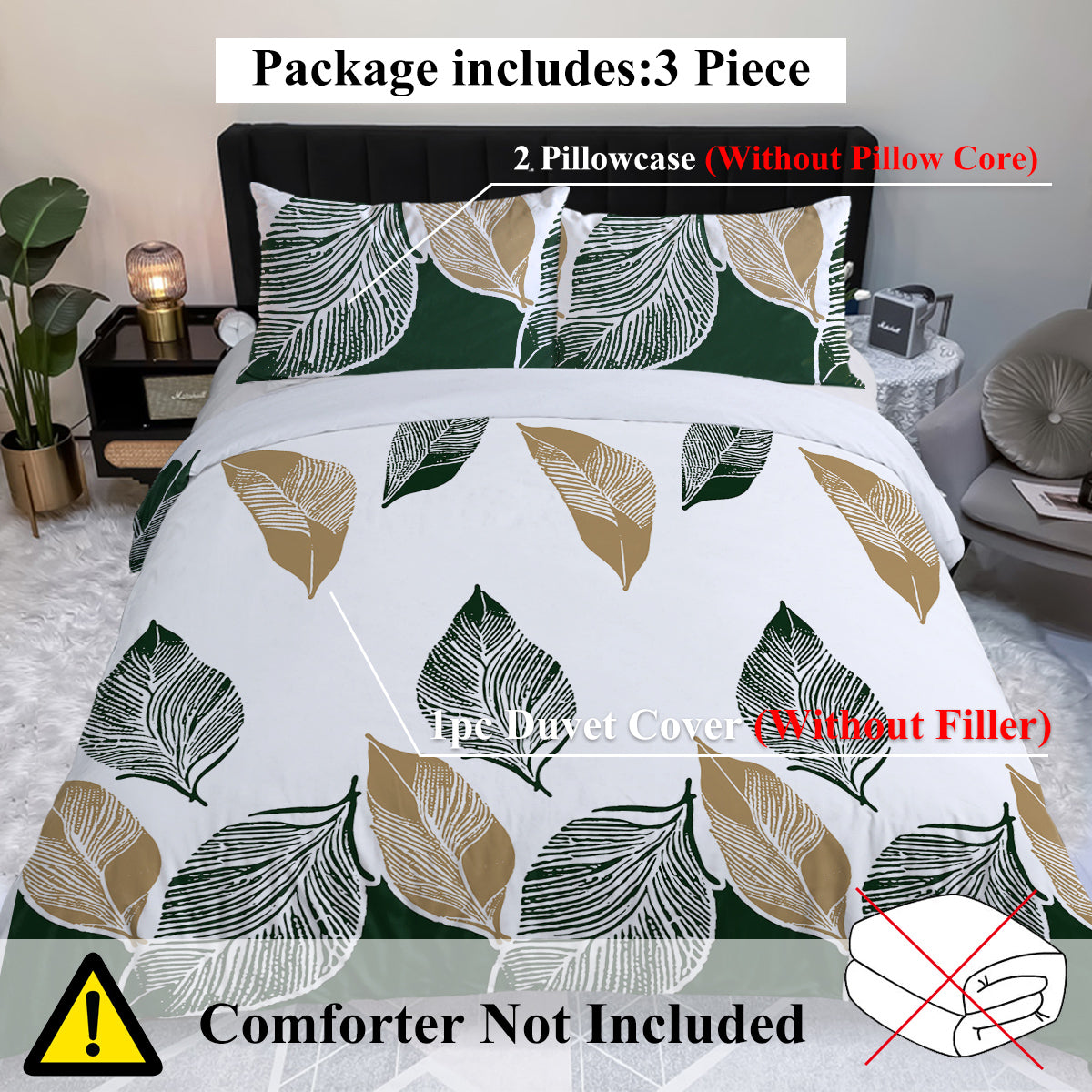 HAOYYE 3-Piece Green Gold Tropical Duvet Cover Set, Botanical Palm Leaves Pattern, Microfiber Lightweight Bedding with 2 Pillowcases, King Size, Soft and Cozy Design for a Relaxing and Stylish Bedroom
