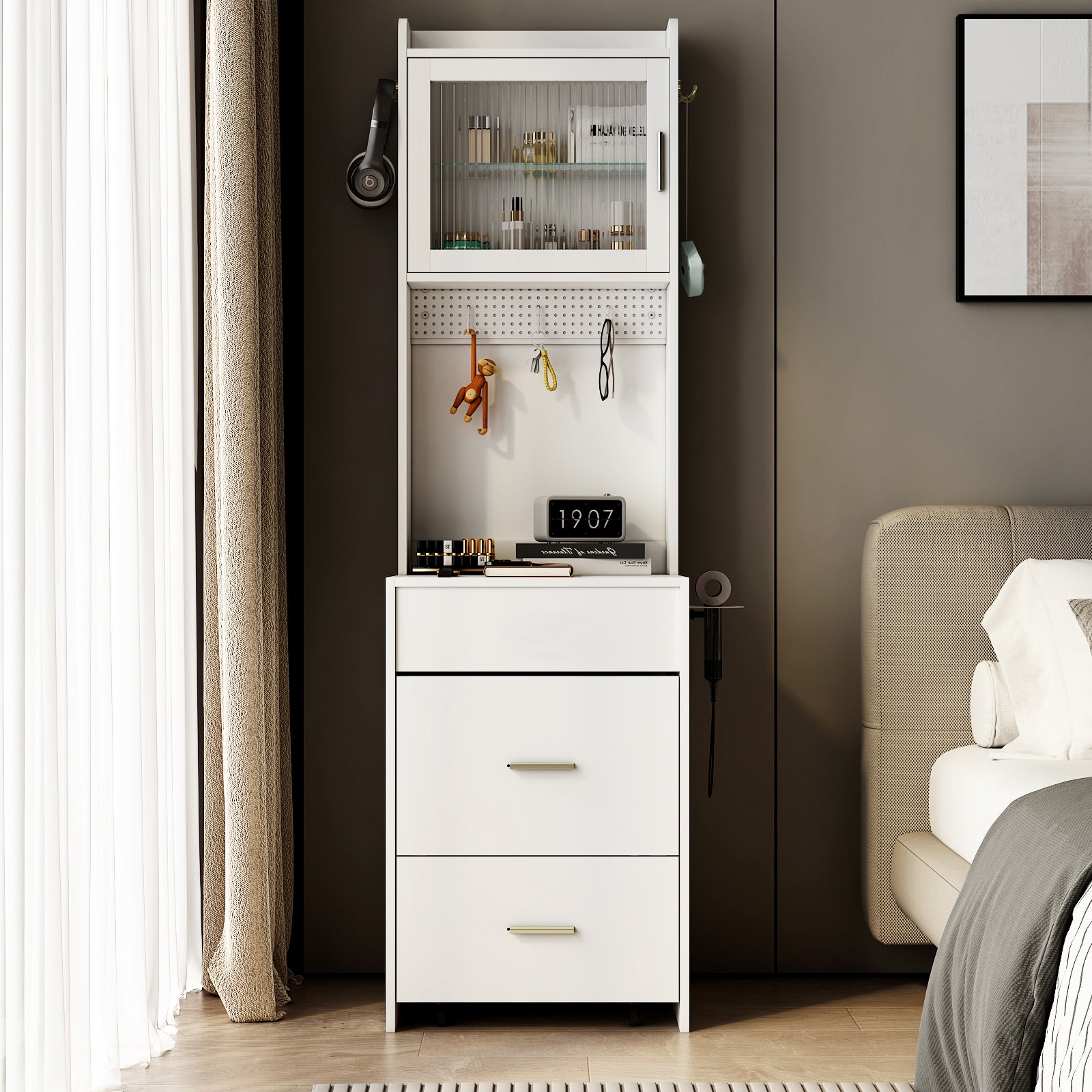 HAOYYE Small Vanity Desk with Mirror and LED Lights, Compact Makeup Table with Charging Station, Storage Shelves, Hidden Storage Stool for Bedroom, Mini Corner Vanity Set for Small Spaces, White, Space-Saving Design, Modern and Functional
